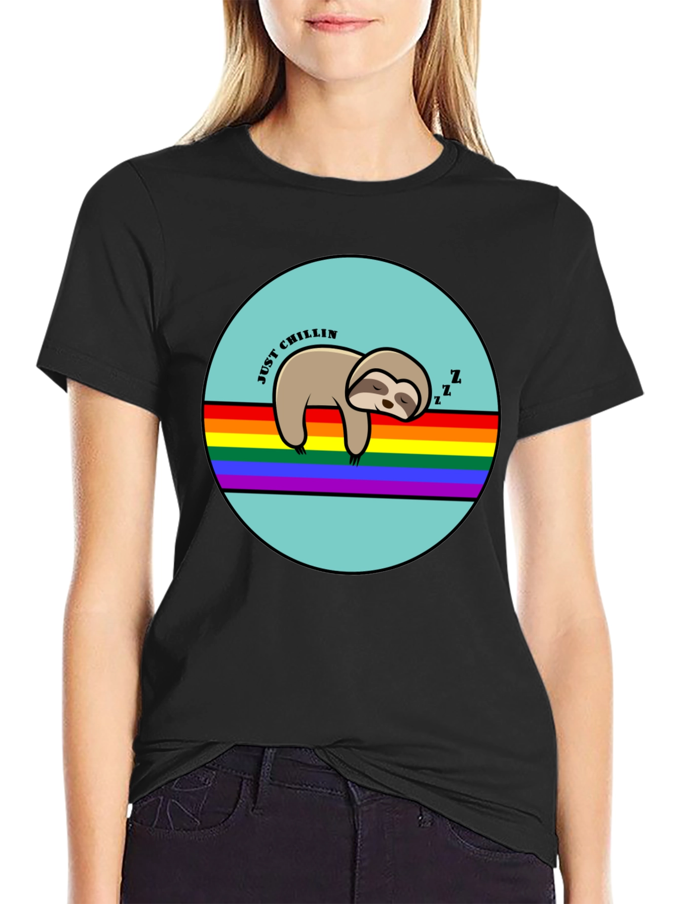 Black Just Chillin' Sloth Graphic T-Shirt - Rainbow LGBT Pride view 2
