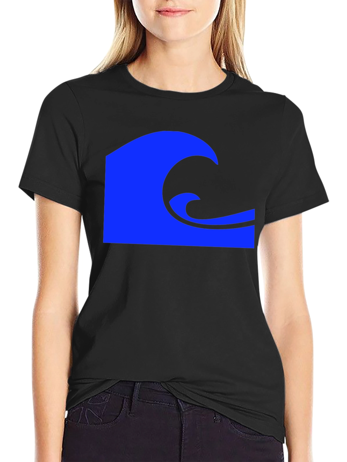 Black Blue Wave Graphic Black T-Shirt view 2