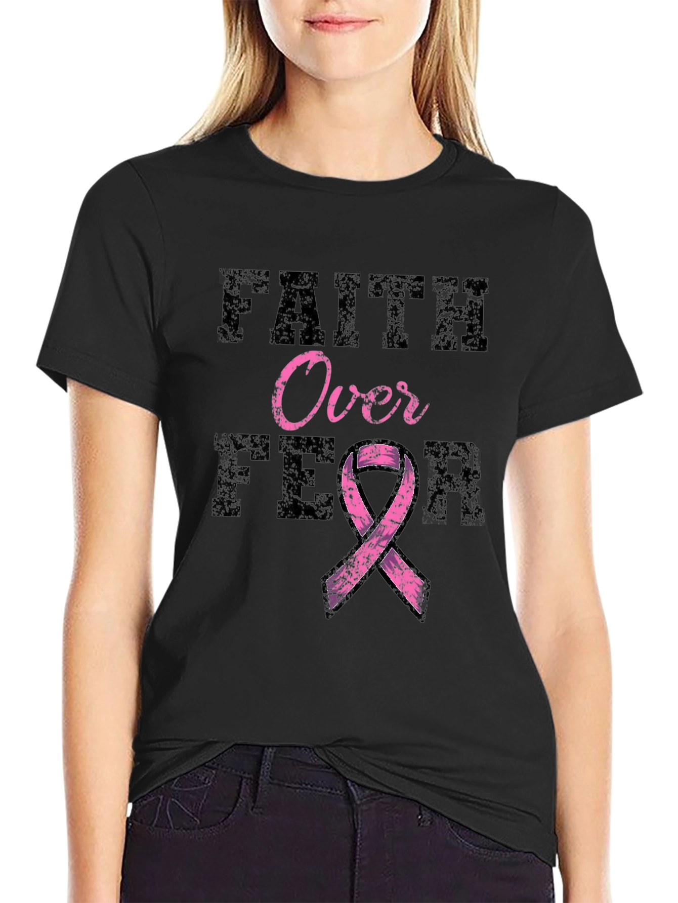 Black Faith Over Fear Breast Cancer Awareness T-Shirt view 2