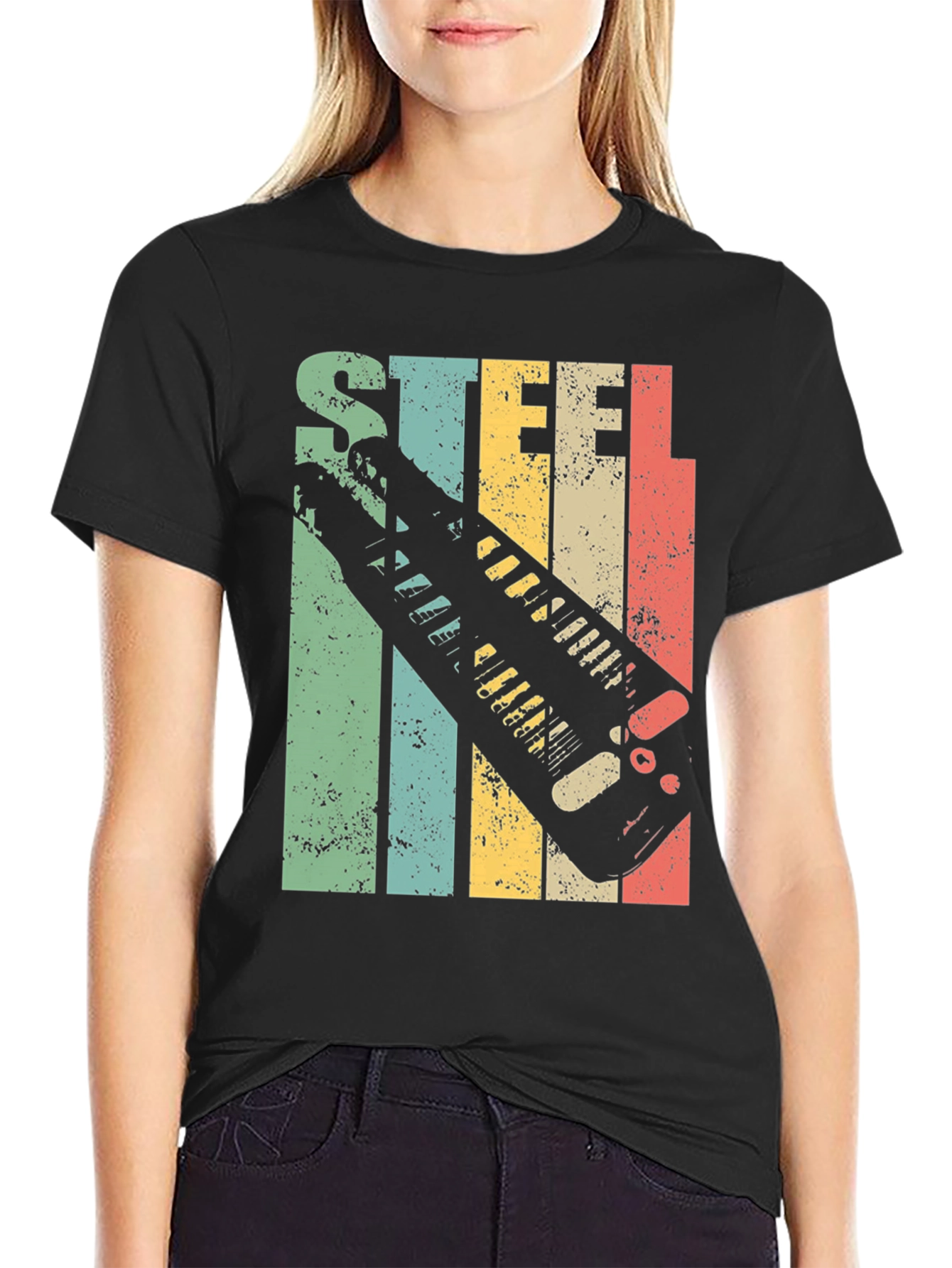 Black Steel Guitar T-Shirt - Retro Design view 2