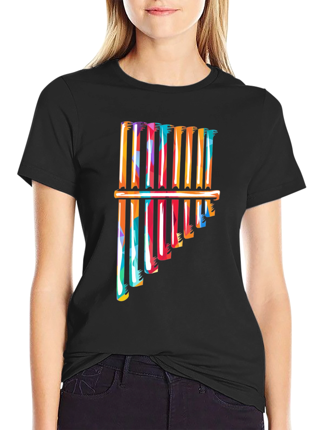 Black Colorful Pan Flute Graphic T-Shirt view 2
