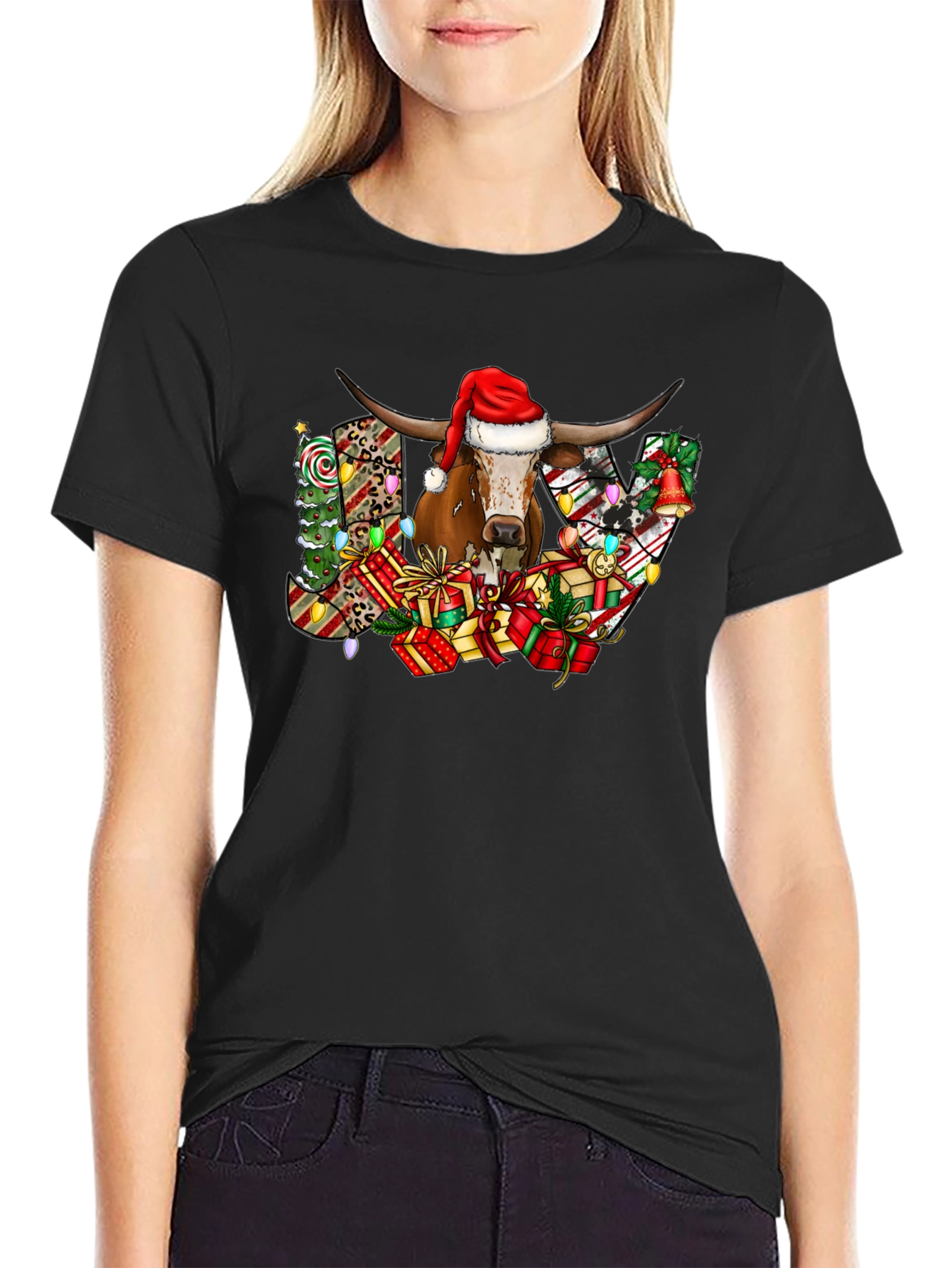 Black Festive Bull JOY Graphic Tee - Christmas Holiday Shirt view 2