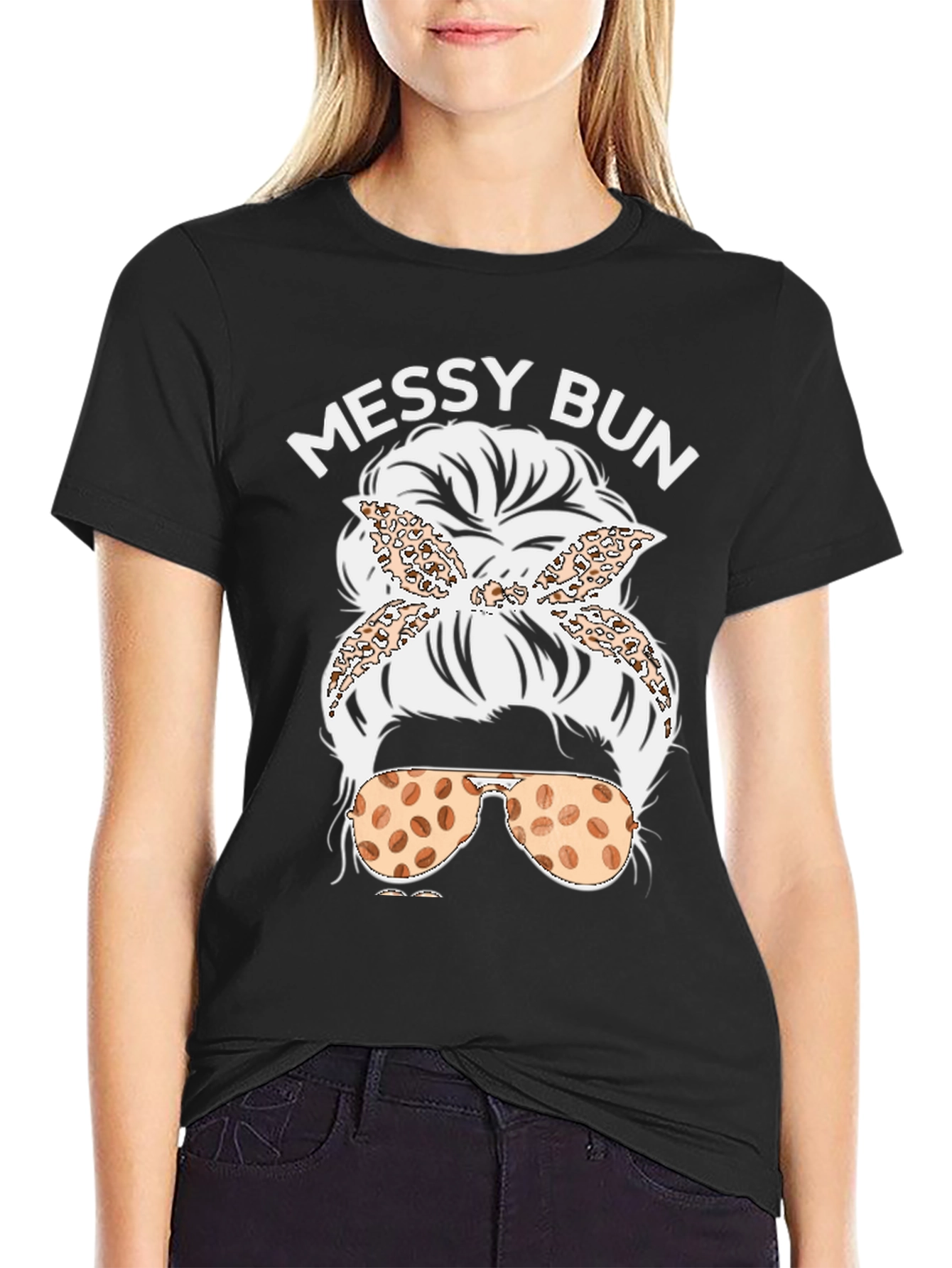 Black Messy Bun Coffee Bean Sunglasses T-Shirt view 2