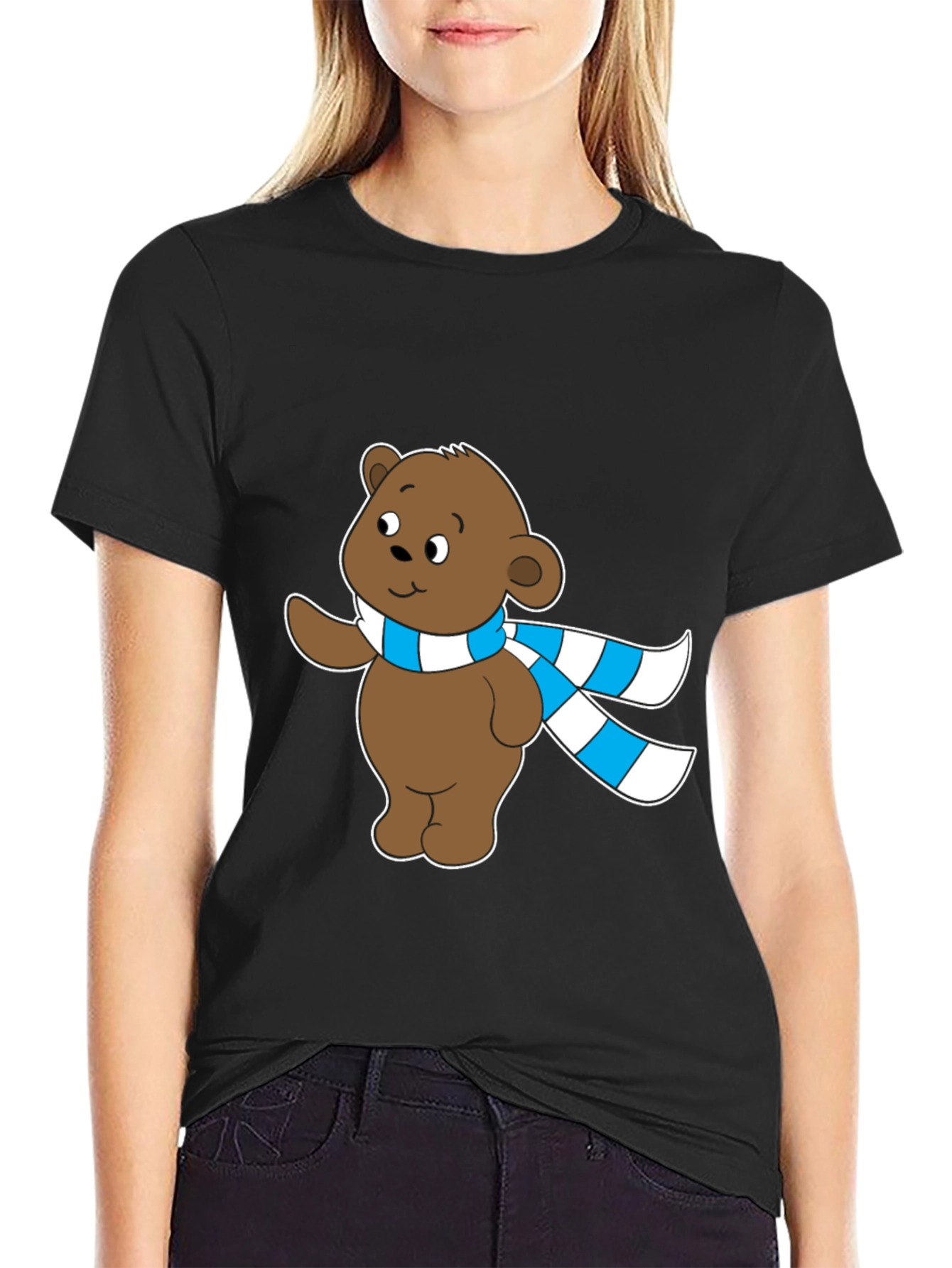 Black Cute Bear Scarf T-Shirt view 2