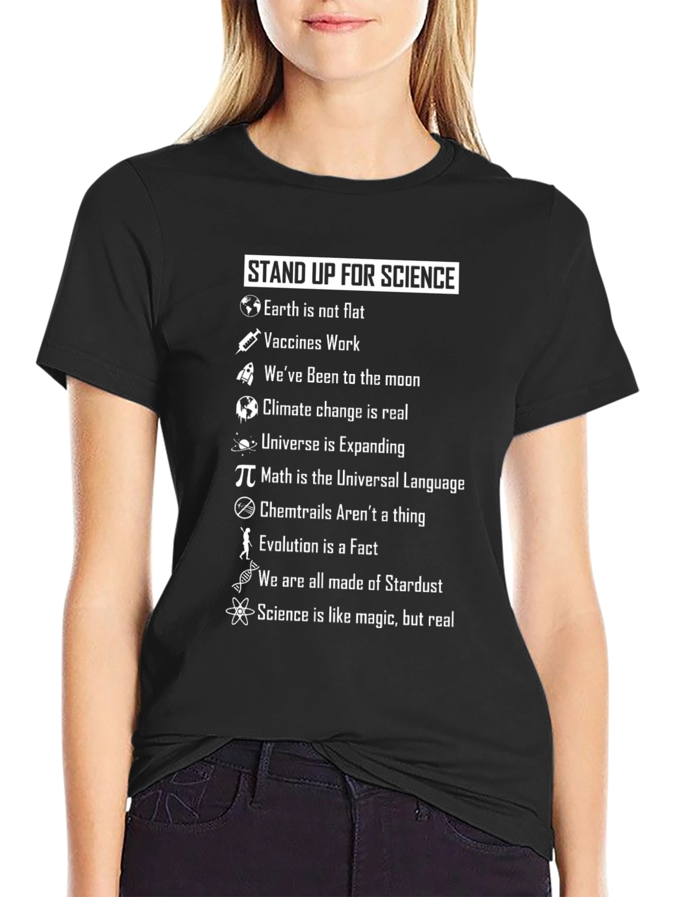 Black Stand Up For Science T-Shirt - Earth Not Flat view 2