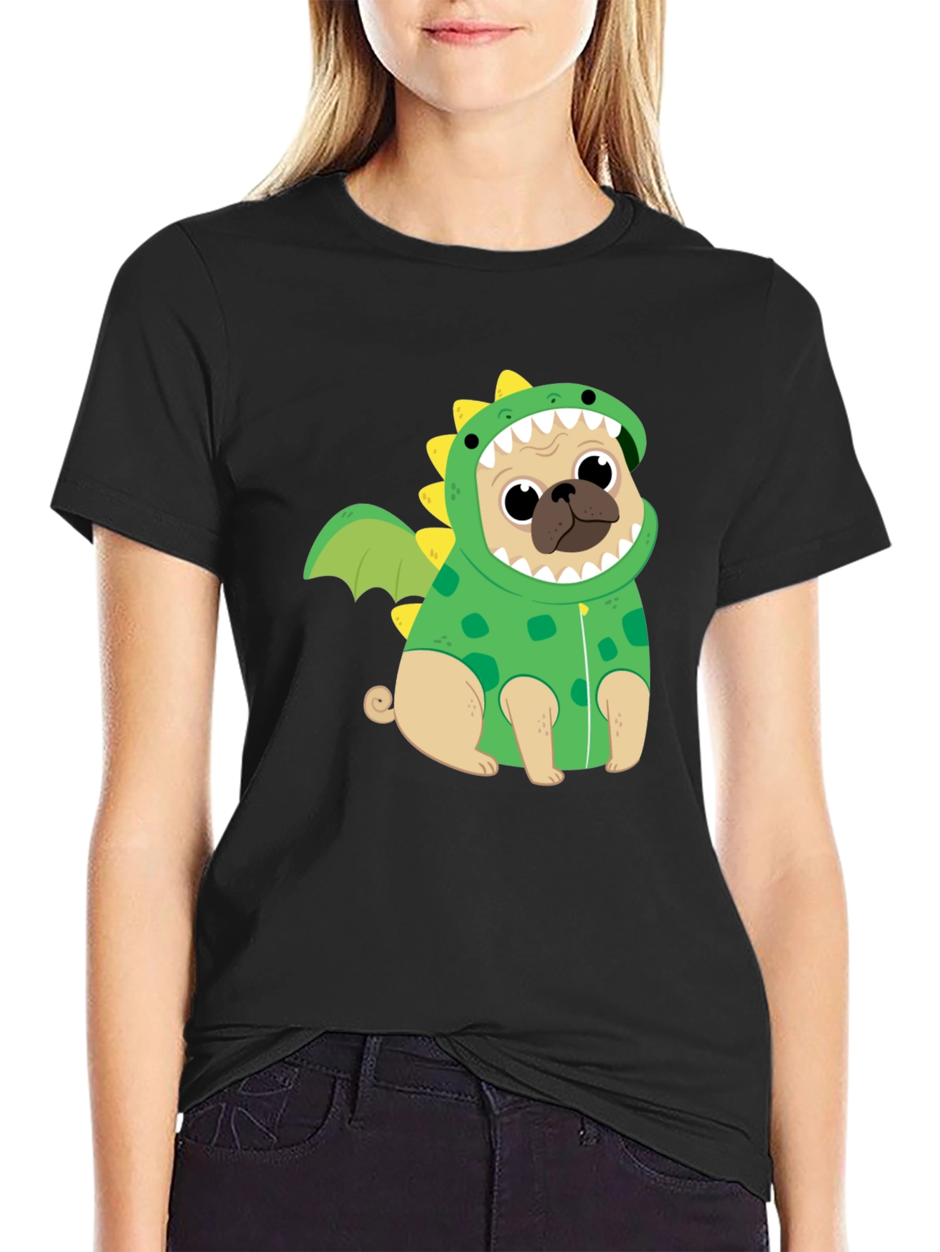 Black Pug Dinosaur Costume T-Shirt view 2