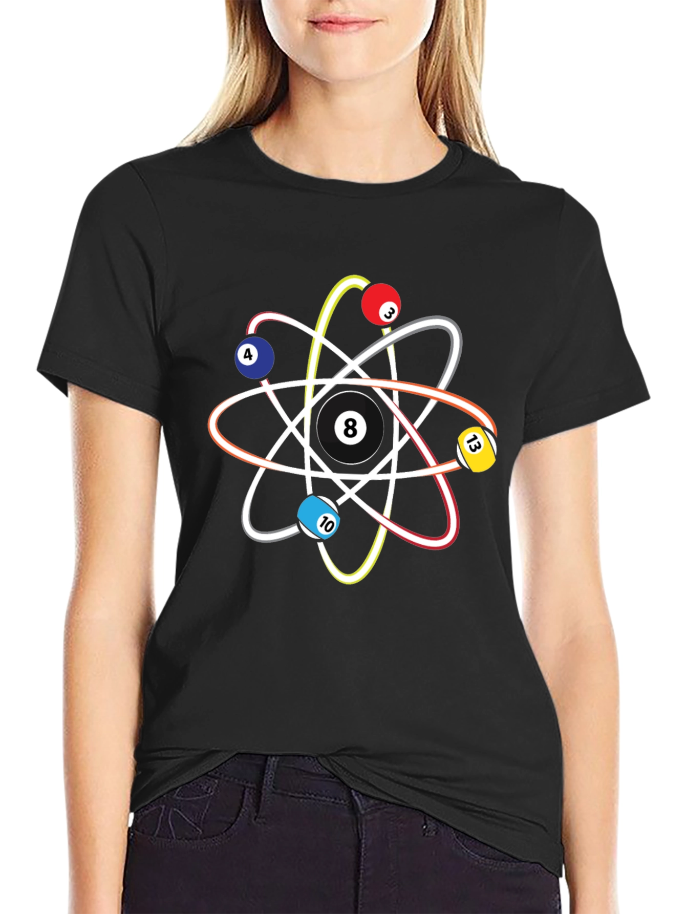Black Pool Ball Atom T-Shirt - Physics & Billiards Style view 2
