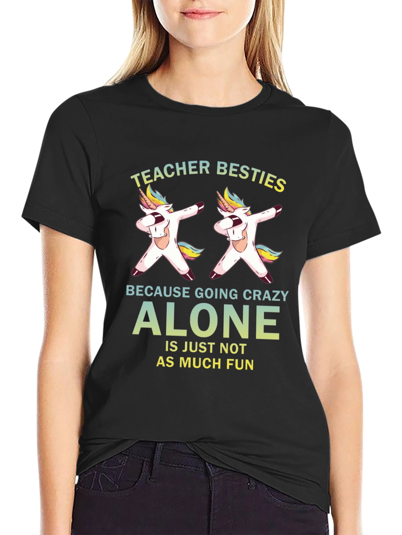 Teacher Besties Unicorn Dabbing Black T-Shirt - 2