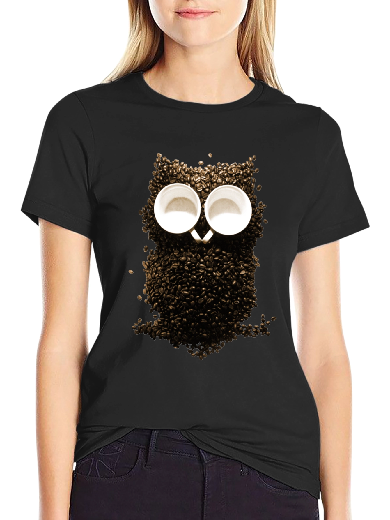Black Coffee Bean Owl Graphic T-Shirt - Unique Design view 2