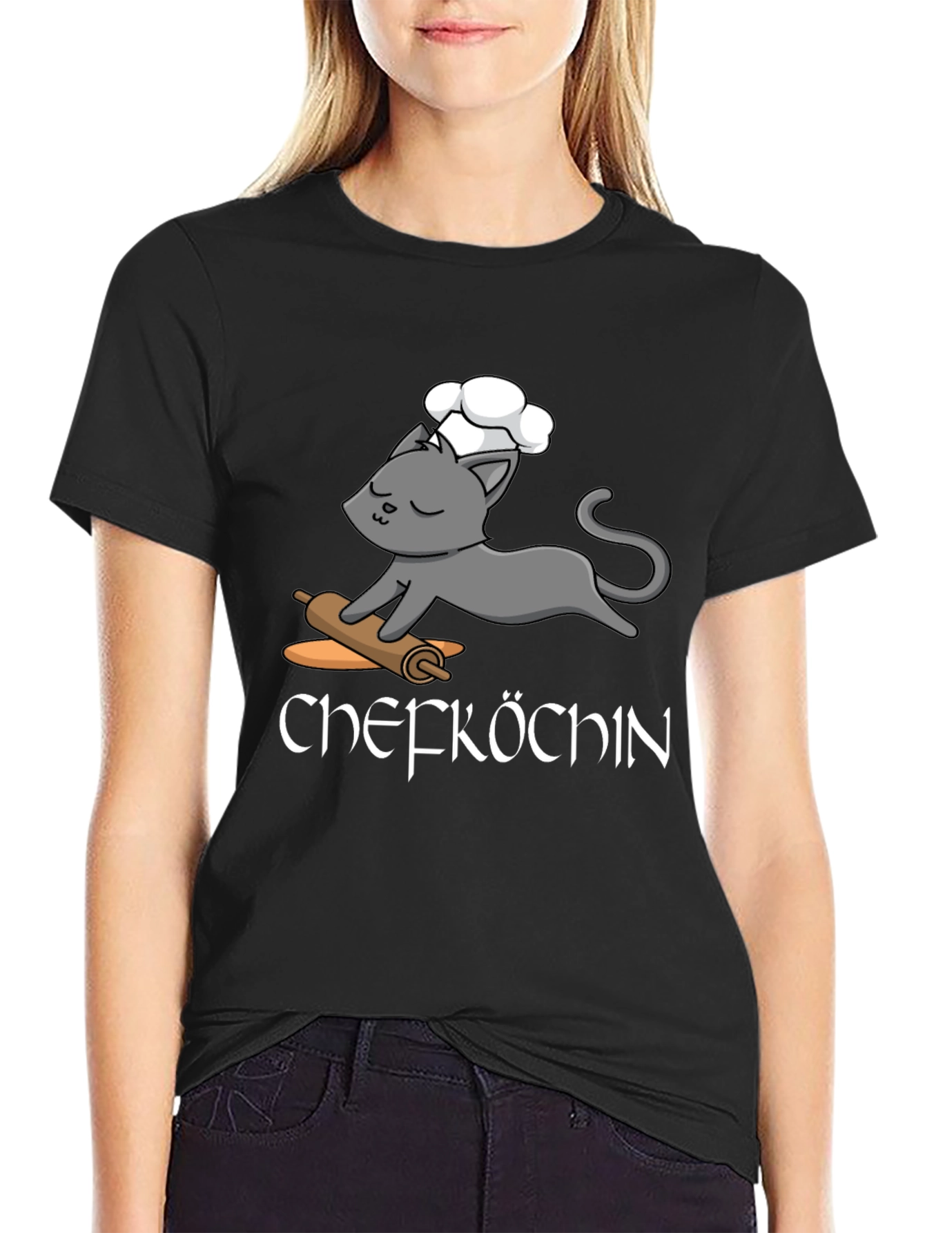 Black Chefkoch T-Shirt - Cute Cat Baker Design view 2