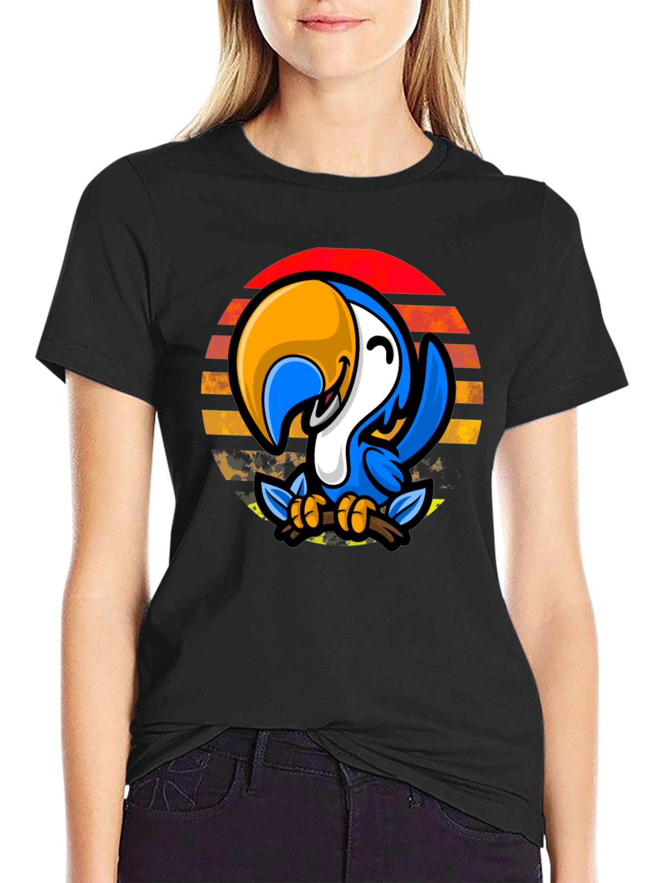Black Parrot Sunset Graphic Tee - Casual Black T-Shirt view 2
