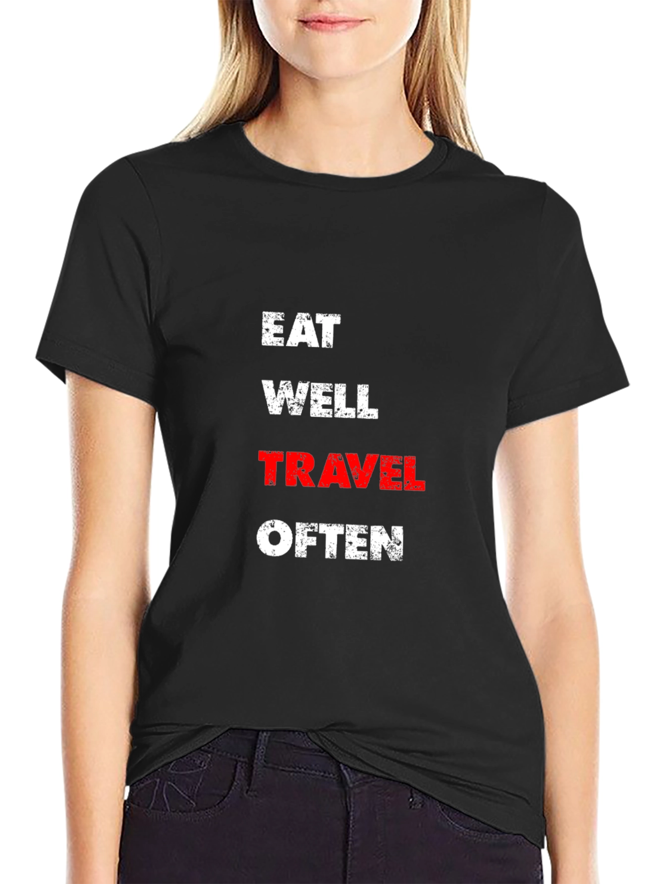 Black Eat Well Travel Often Black T-Shirt view 2