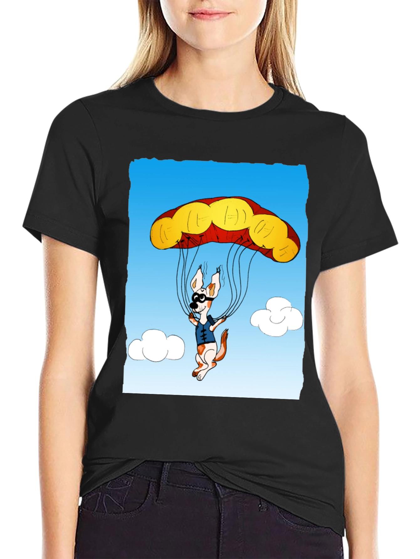 Black Parachuting Dog Graphic Tee - Black Cotton T-Shirt view 2