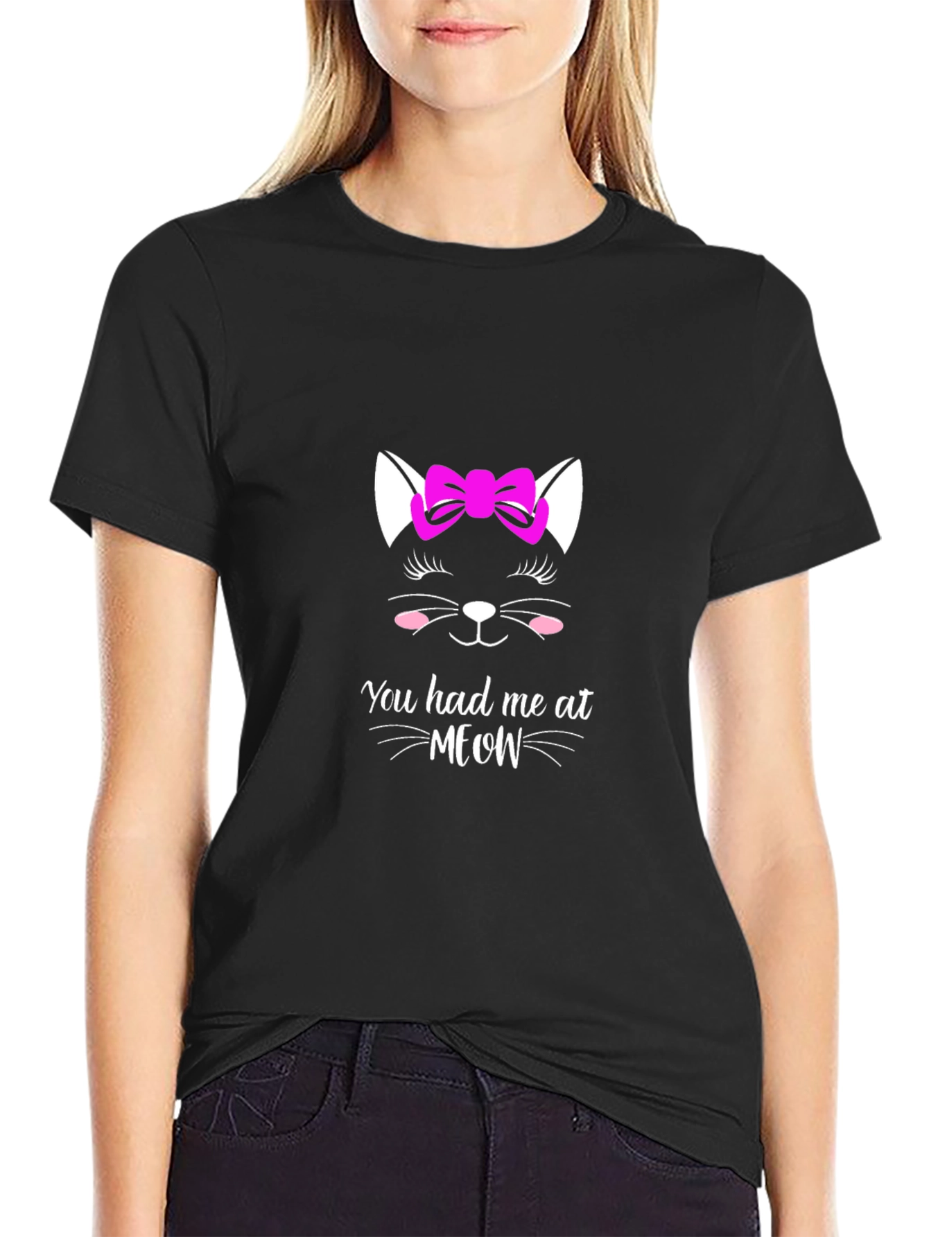 Black Cat Meow Graphic Black T-Shirt for Men view 2