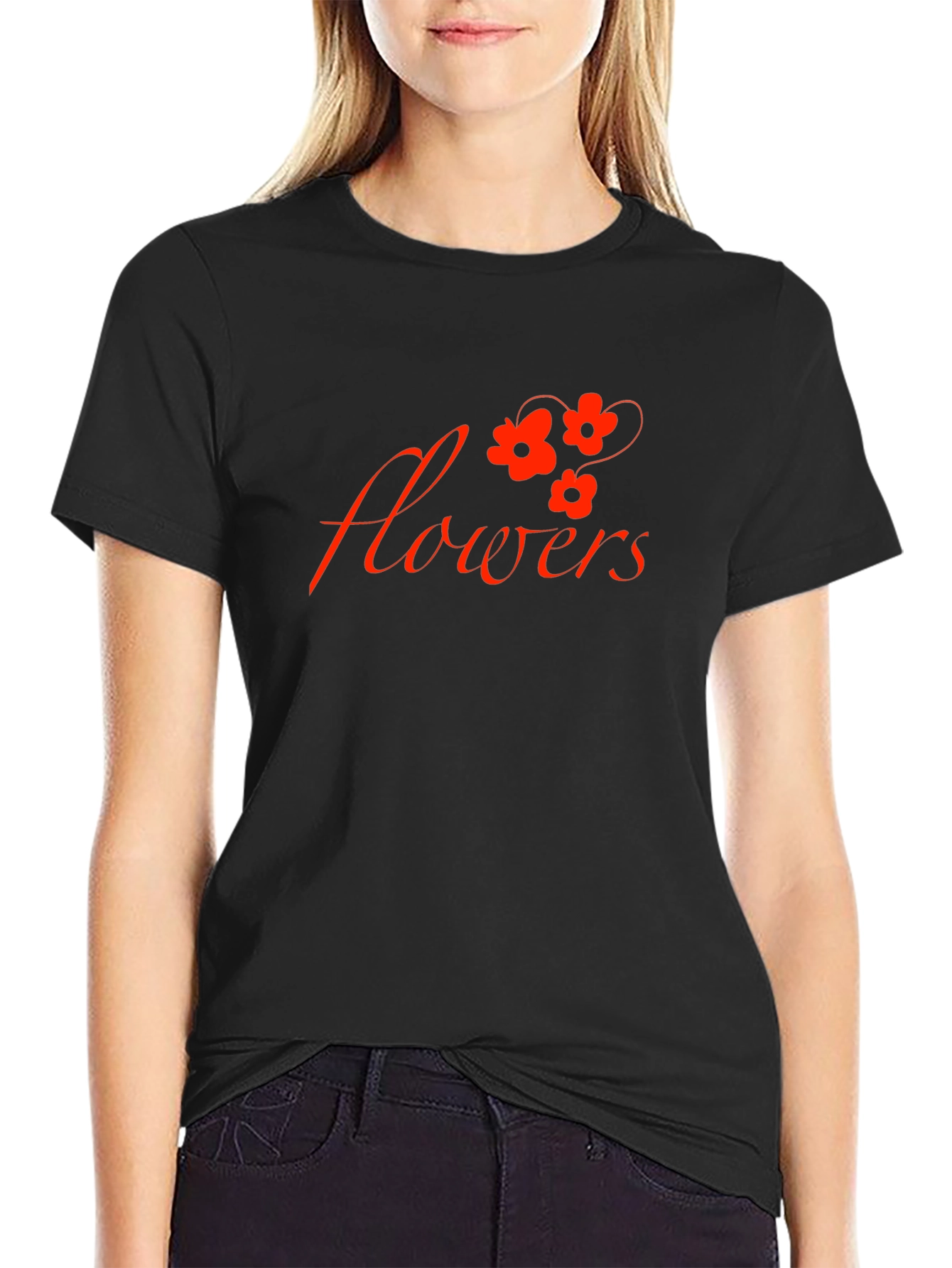 Black Black T-Shirt with 'Flowers' Graphic view 2
