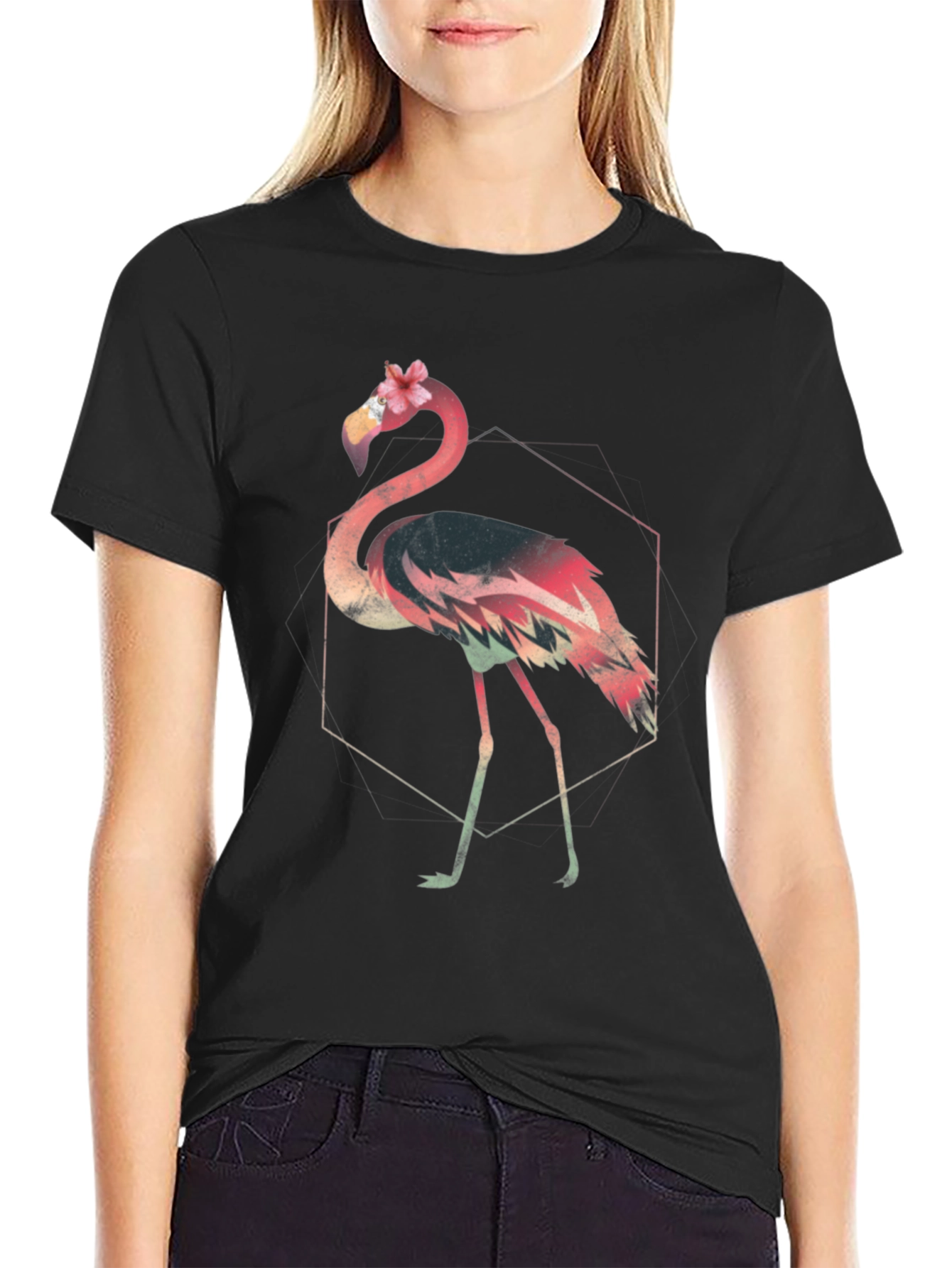 Black Floral Flamingo Graphic Tee - Modern Style view 2