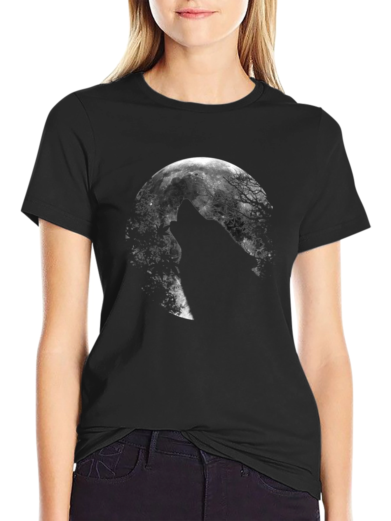 Black Wolf Moon Graphic T-Shirt - Black Cotton Tee view 2