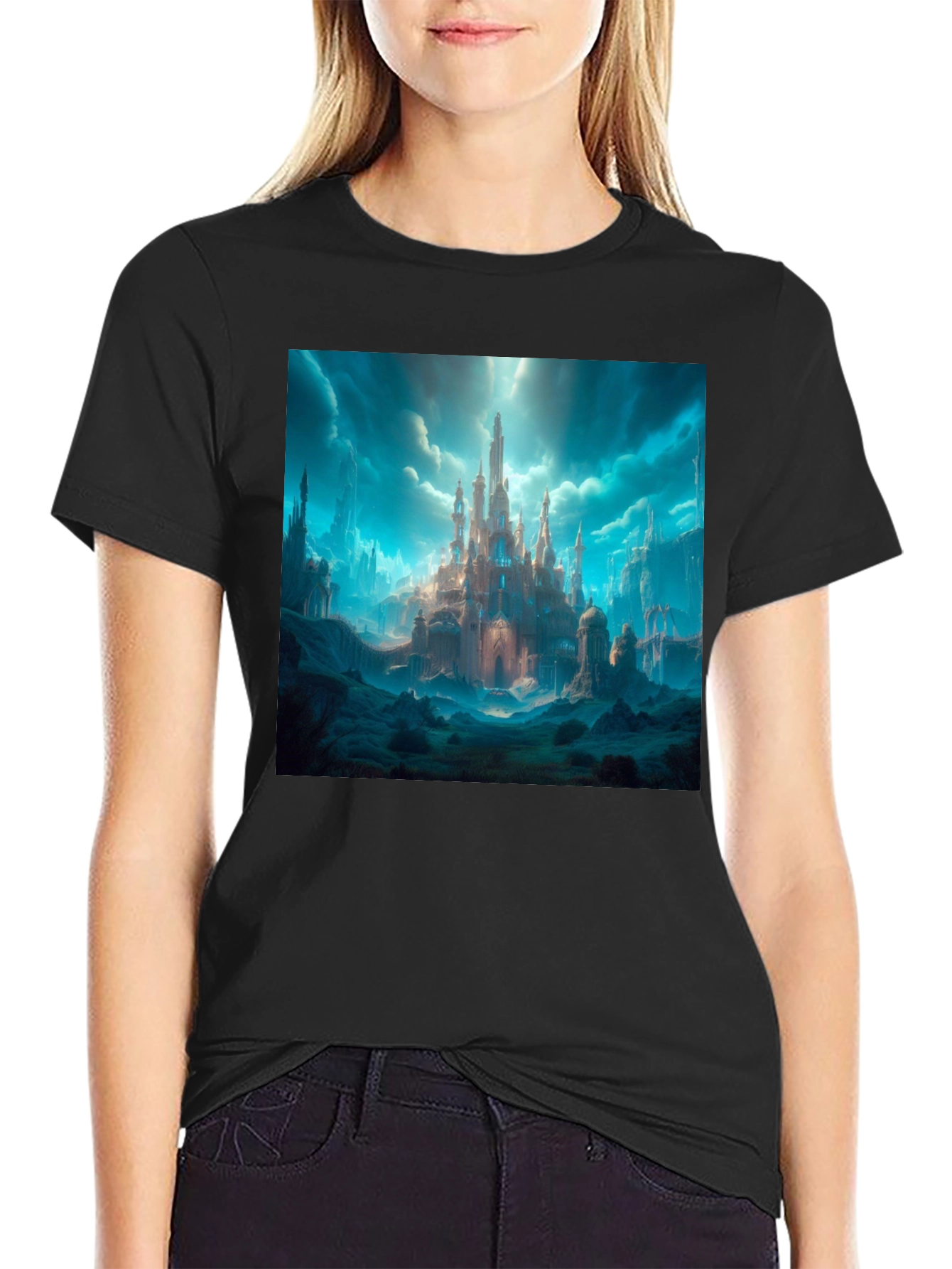 Black Fantasy Castle Graphic Tee - Premium Cotton Blend Shirt view 2
