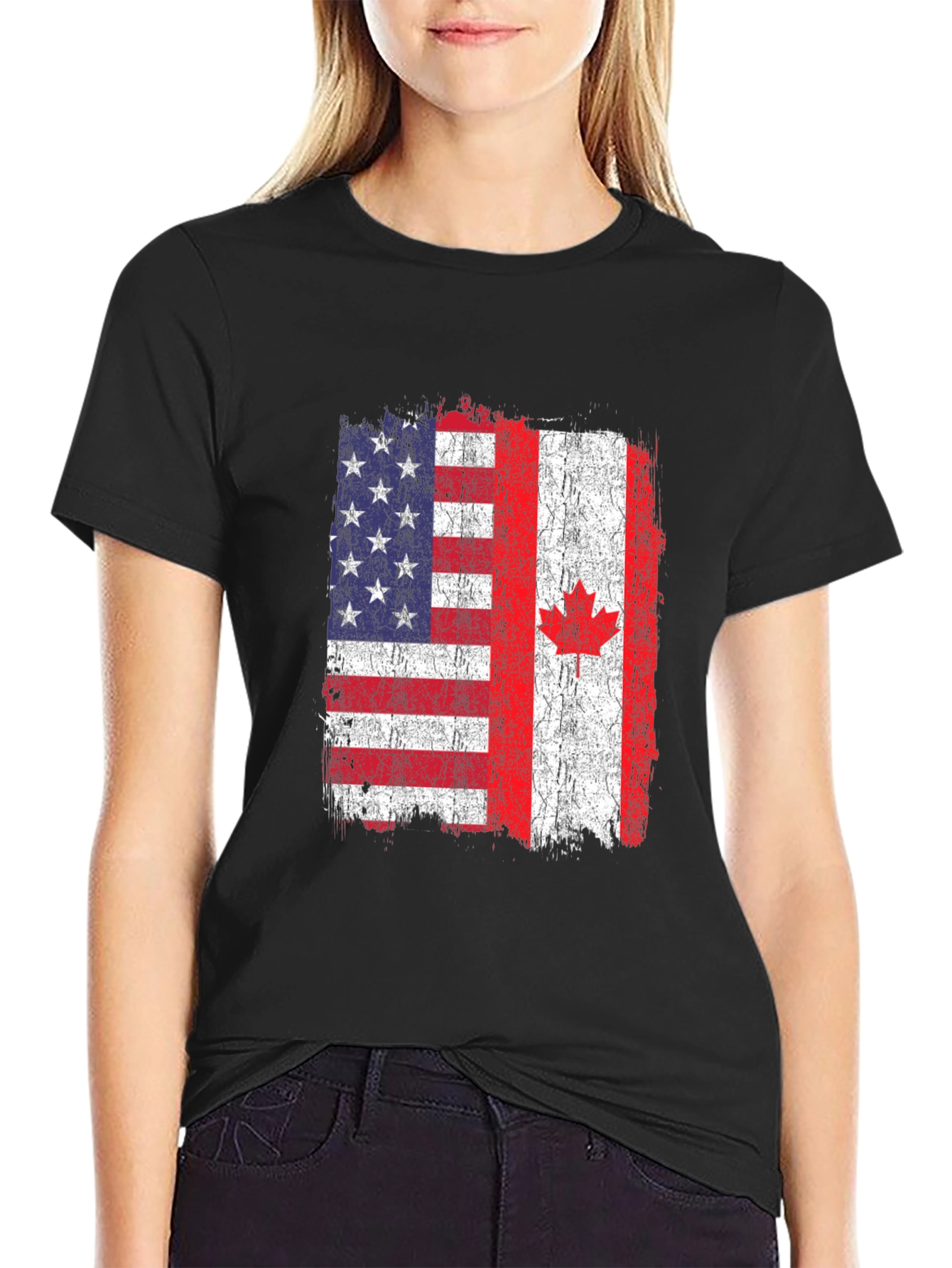 Black USA Canada Flag Graphic T-Shirt view 2