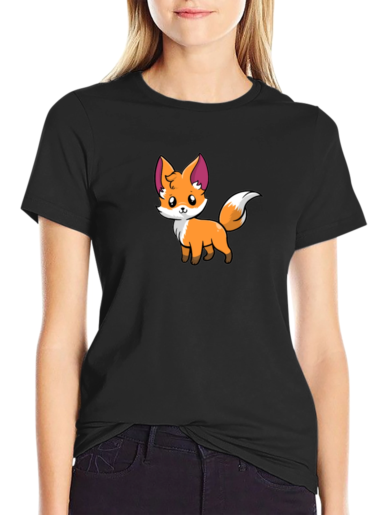 Black Cute Cartoon Fox Graphic Black T-Shirt view 2
