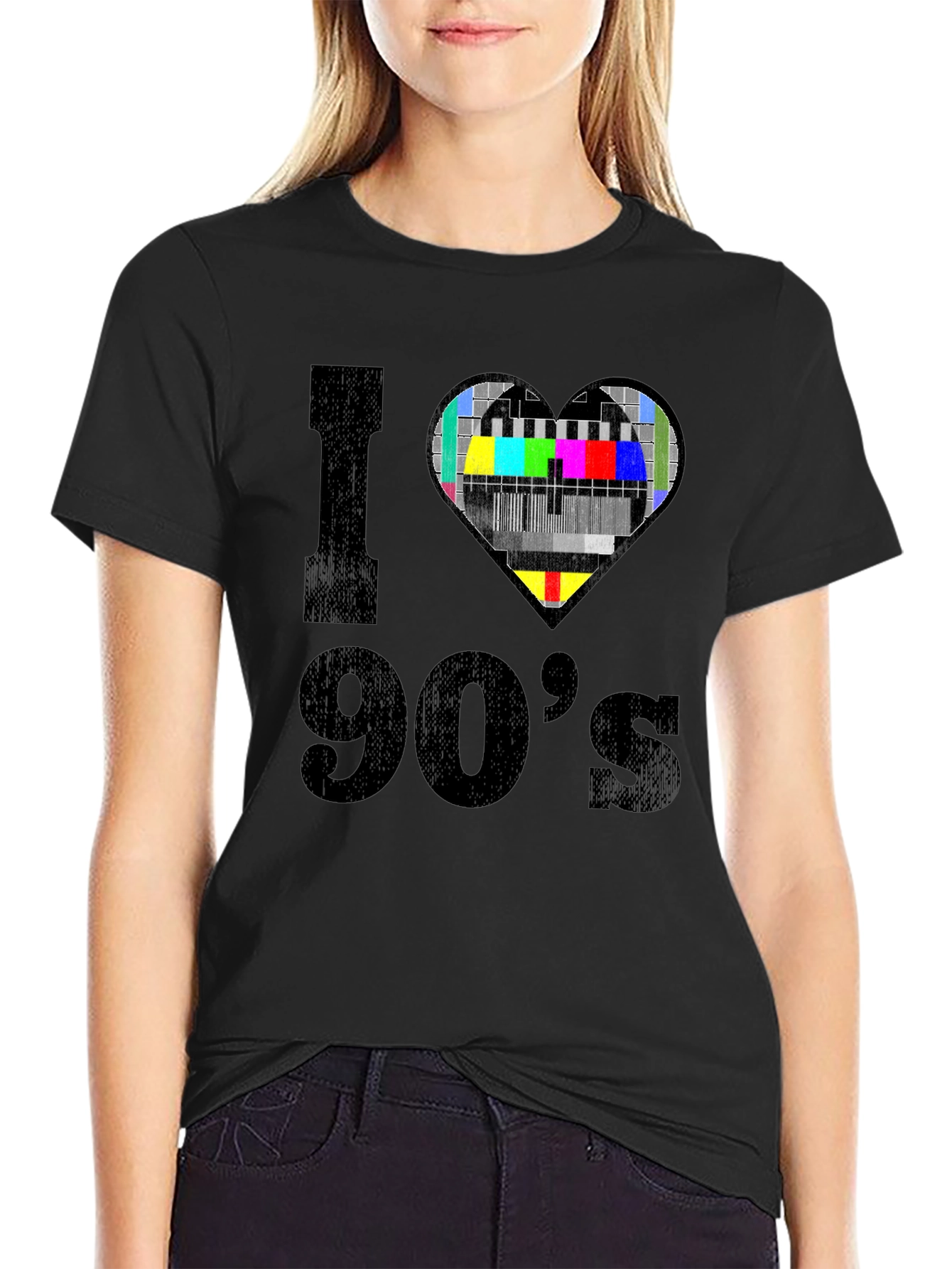 Black I Love 90's T-Shirt - Nostalgic TV Heart Design view 2