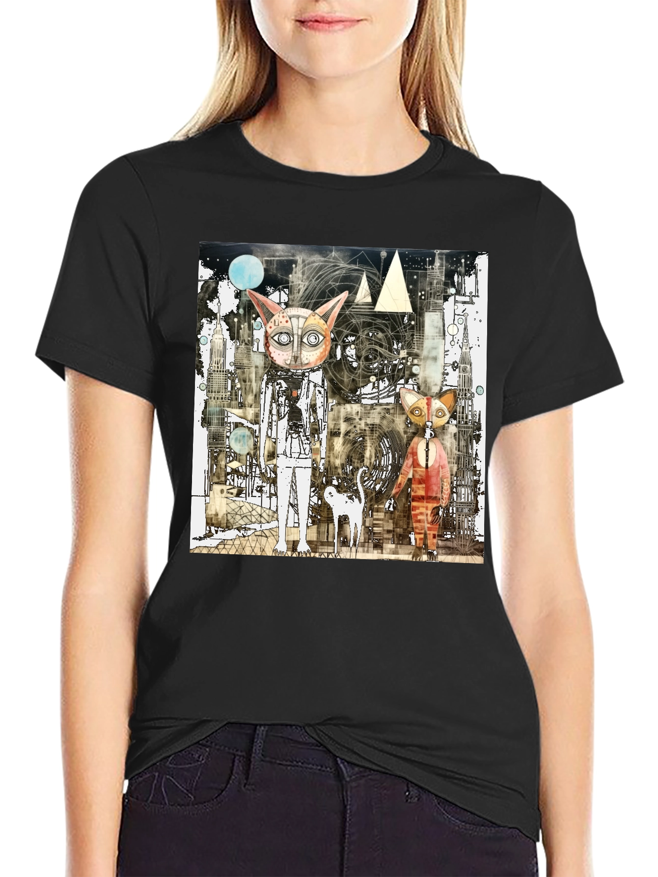 Black Abstract Cat Graphic Print Black T-Shirt view 2