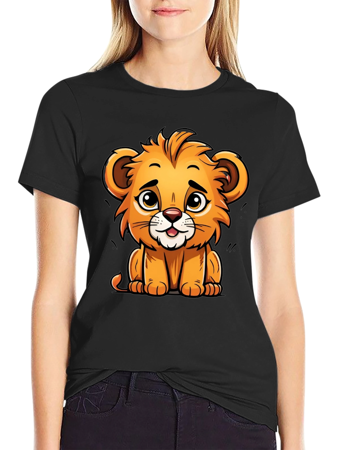 Black Cute Lion Cartoon T-Shirt - Soft Cotton Tee view 2