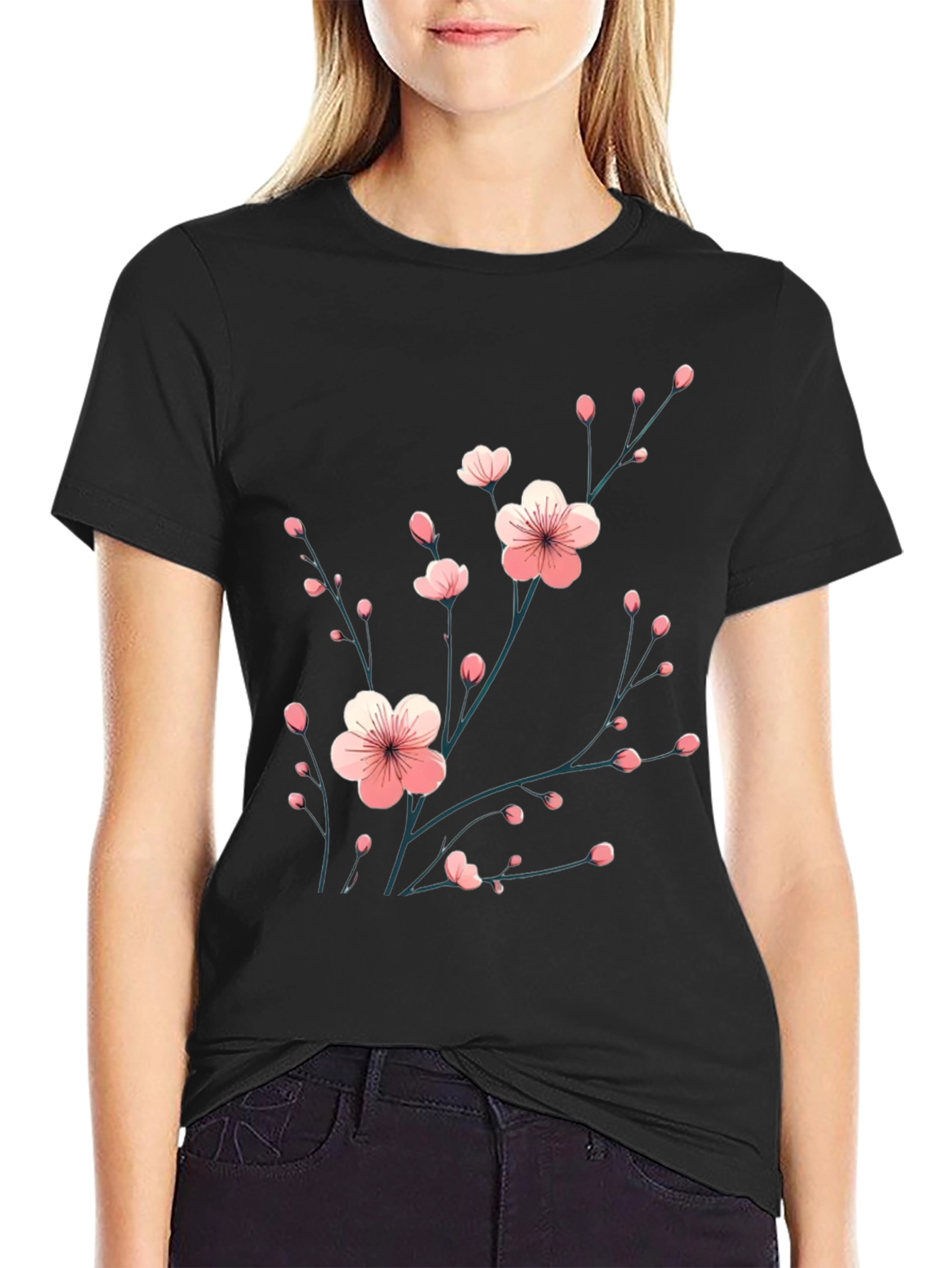 Black Black T-Shirt with Floral Cherry Blossom Design view 2