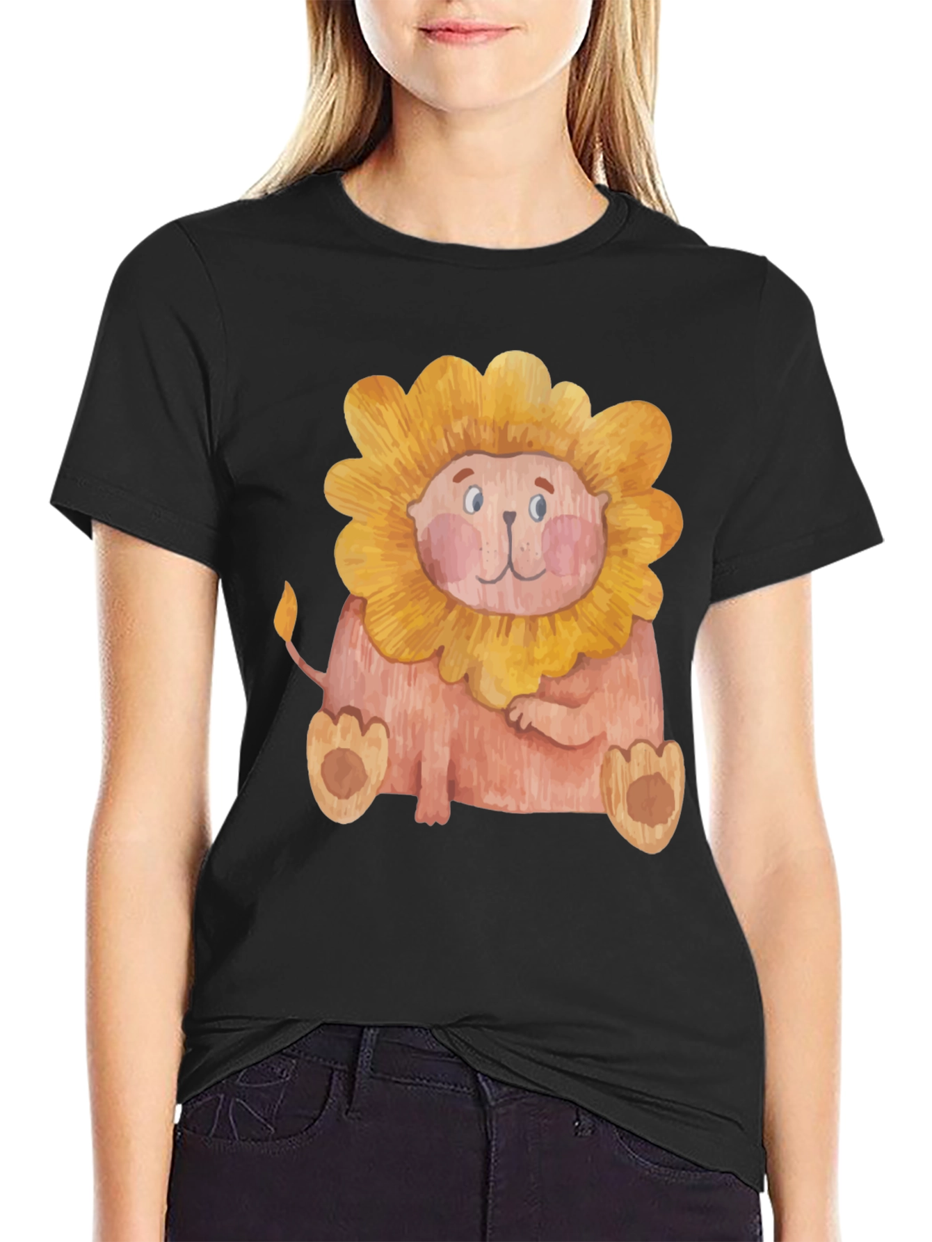 Black Cute Lion Graphic Print Men's Black T-Shirt view 2