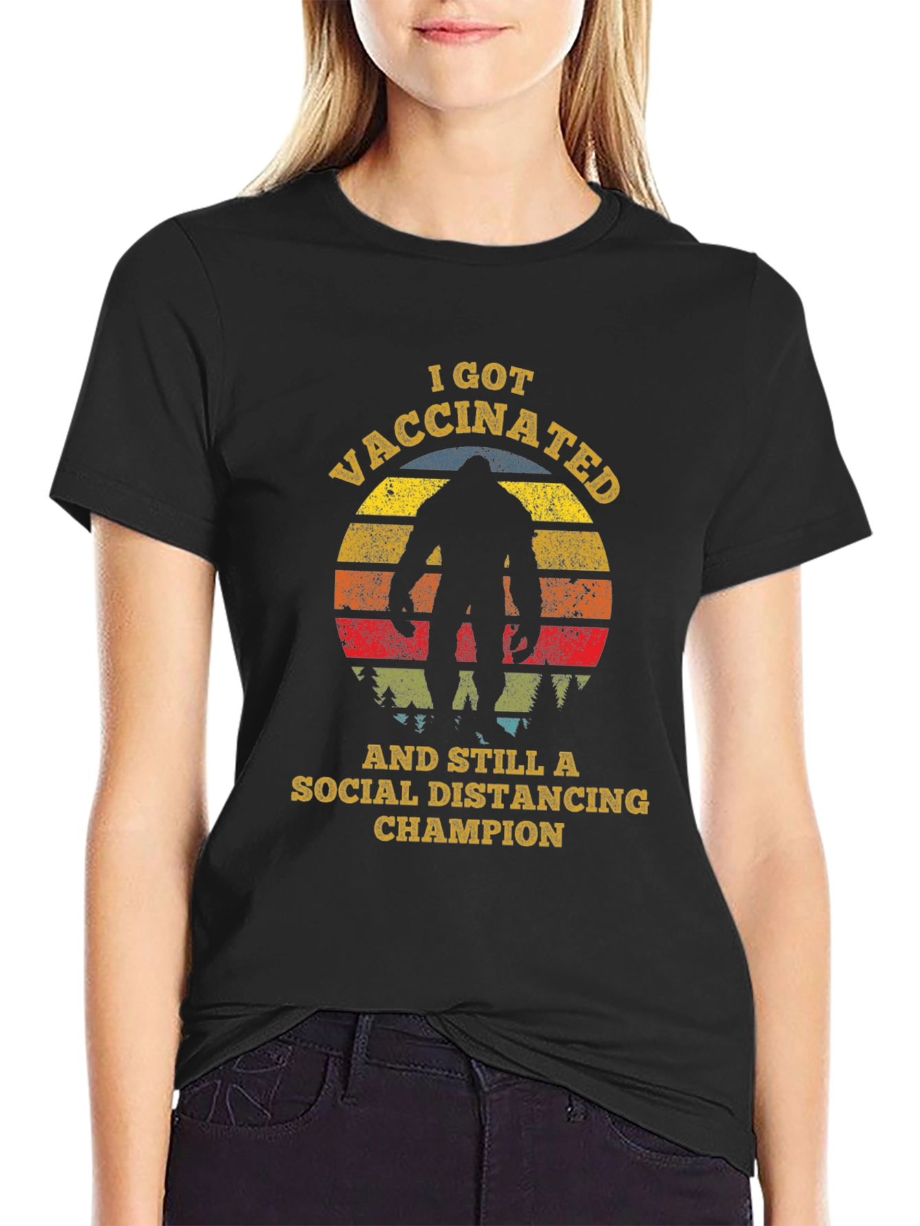 Black Vaccinated Social Distancing Champion Bigfoot T-Shirt view 2