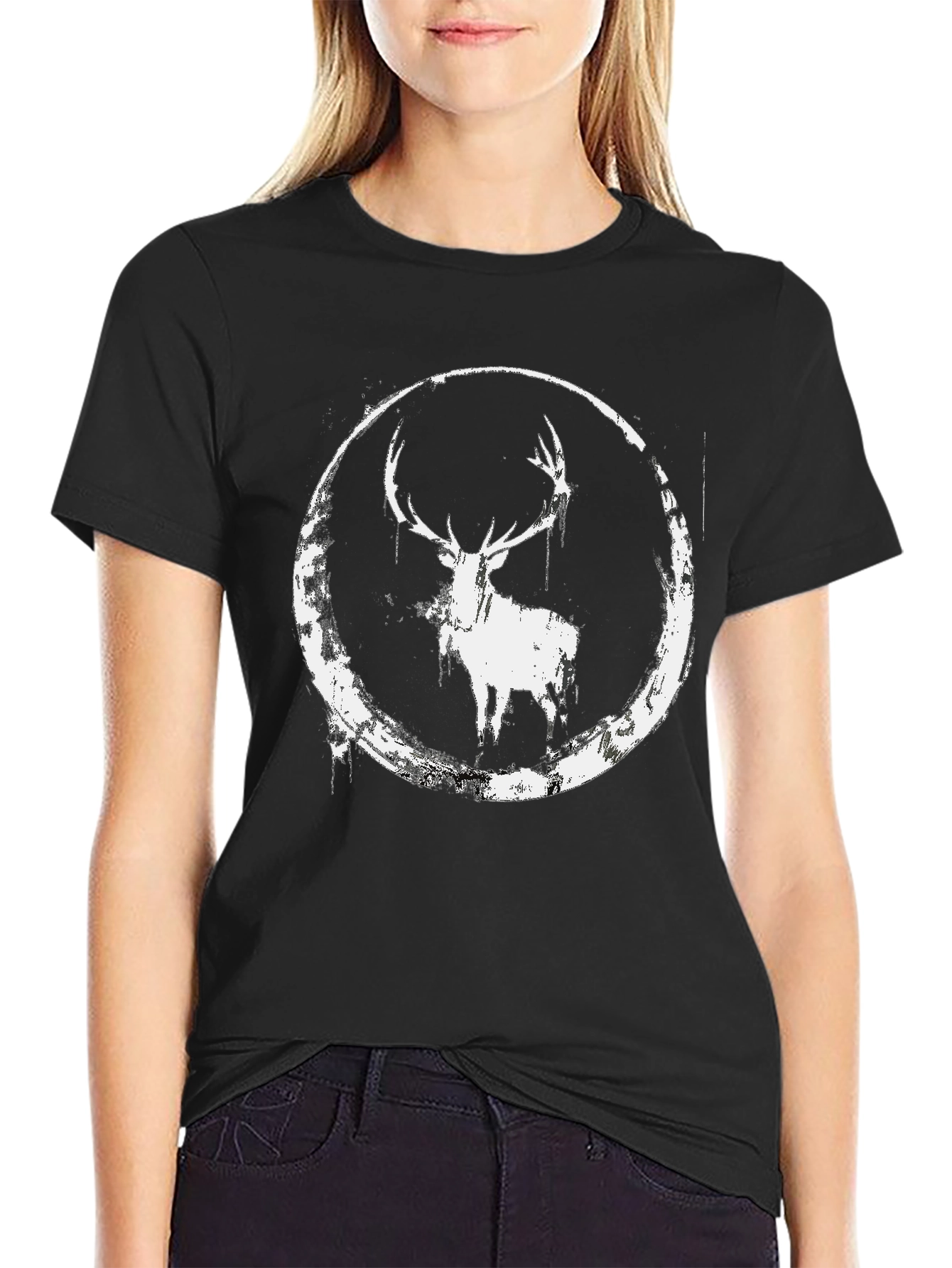 Black Deer Circle Graphic Black T-Shirt view 2