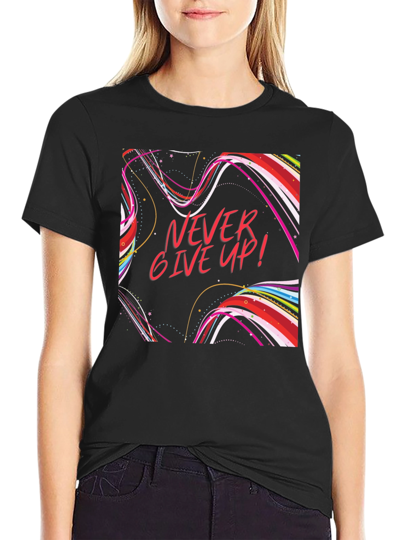 Black Never Give Up Graphic T-Shirt Black Cotton view 2