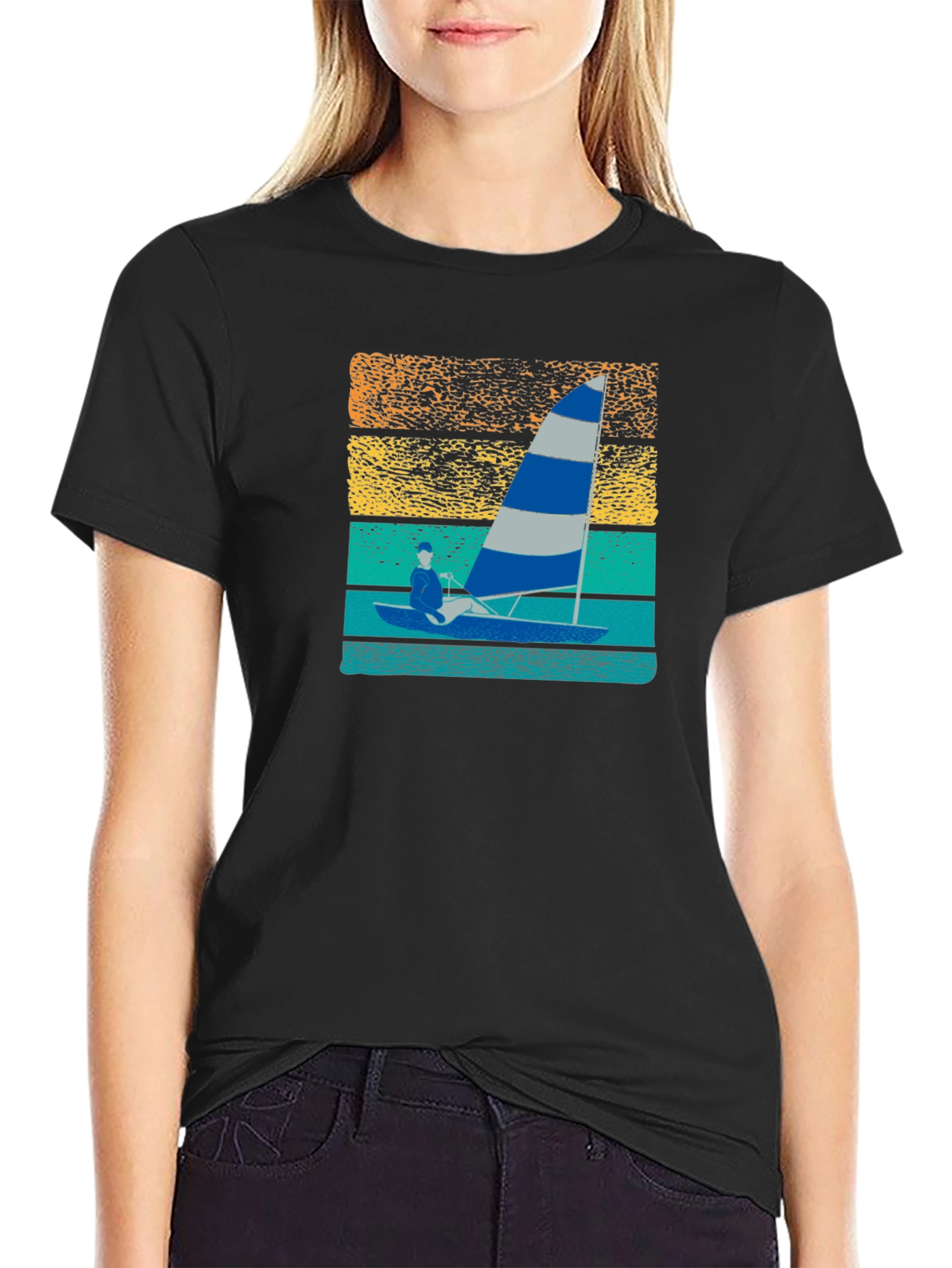 Black Sailing T-Shirt with Retro Sunset Design view 2