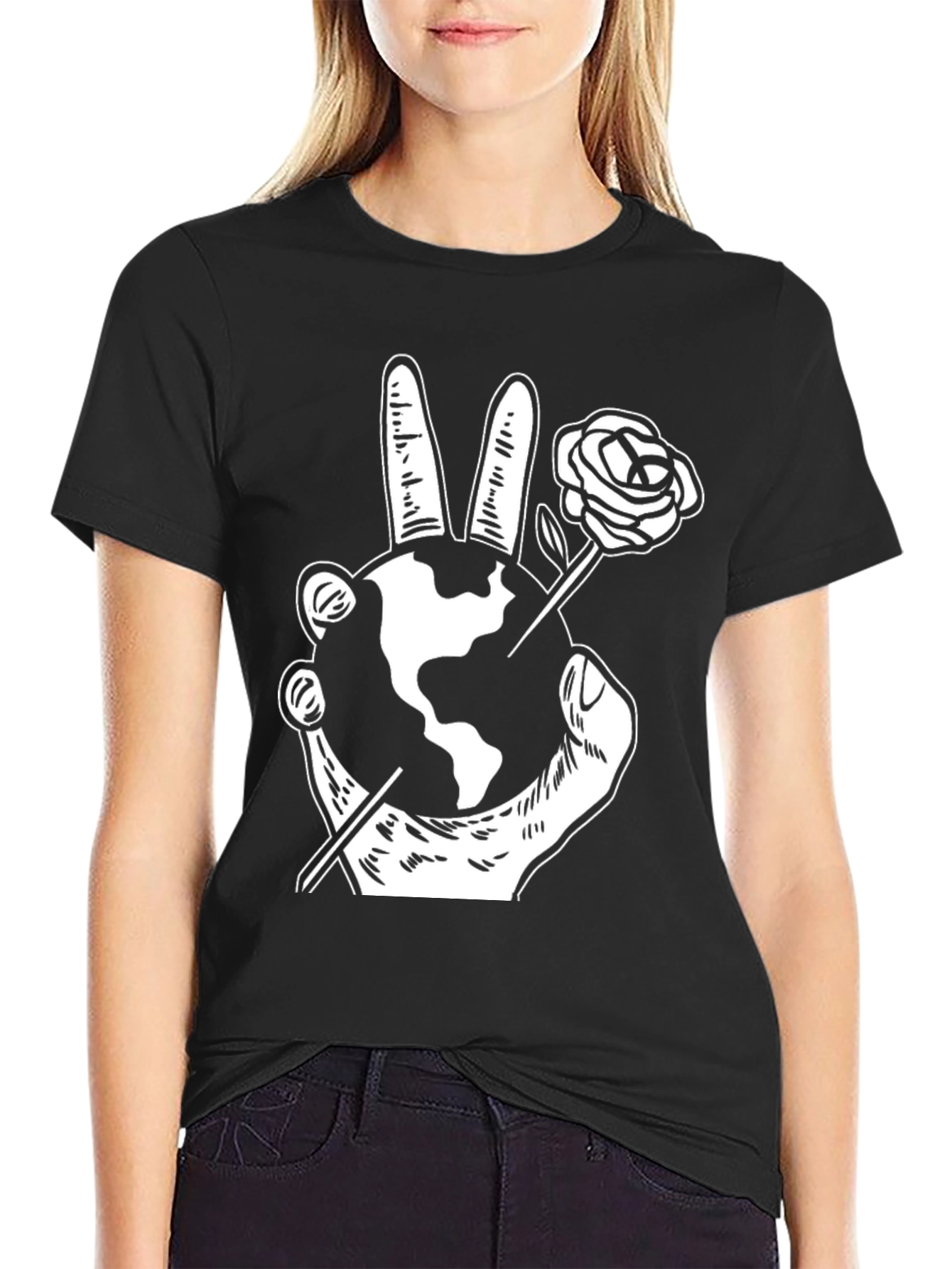 Black Peace Earth Rose Graphic T-Shirt view 2