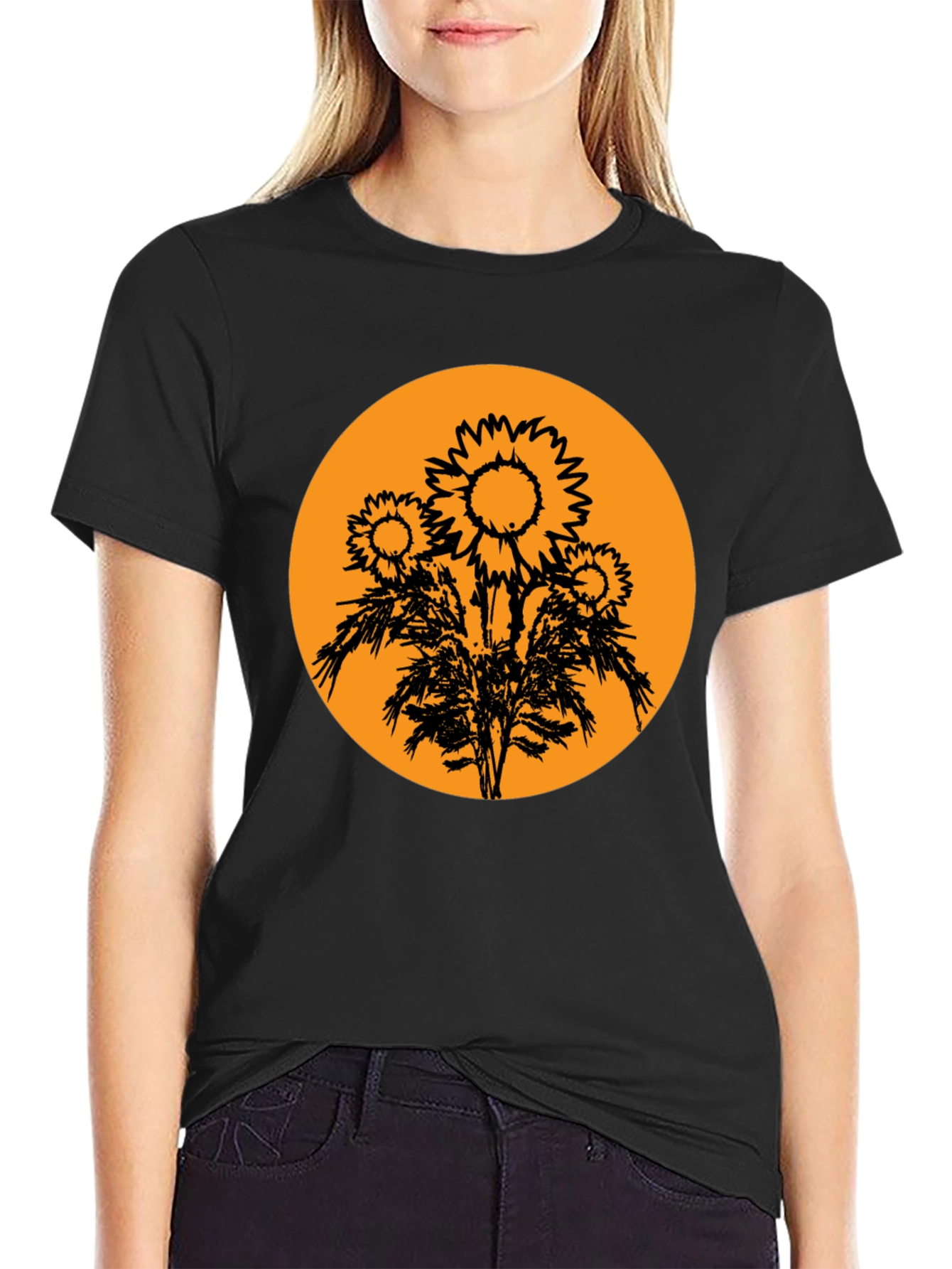 Black Sunflower Graphic Tee - Black Cotton T-Shirt view 2