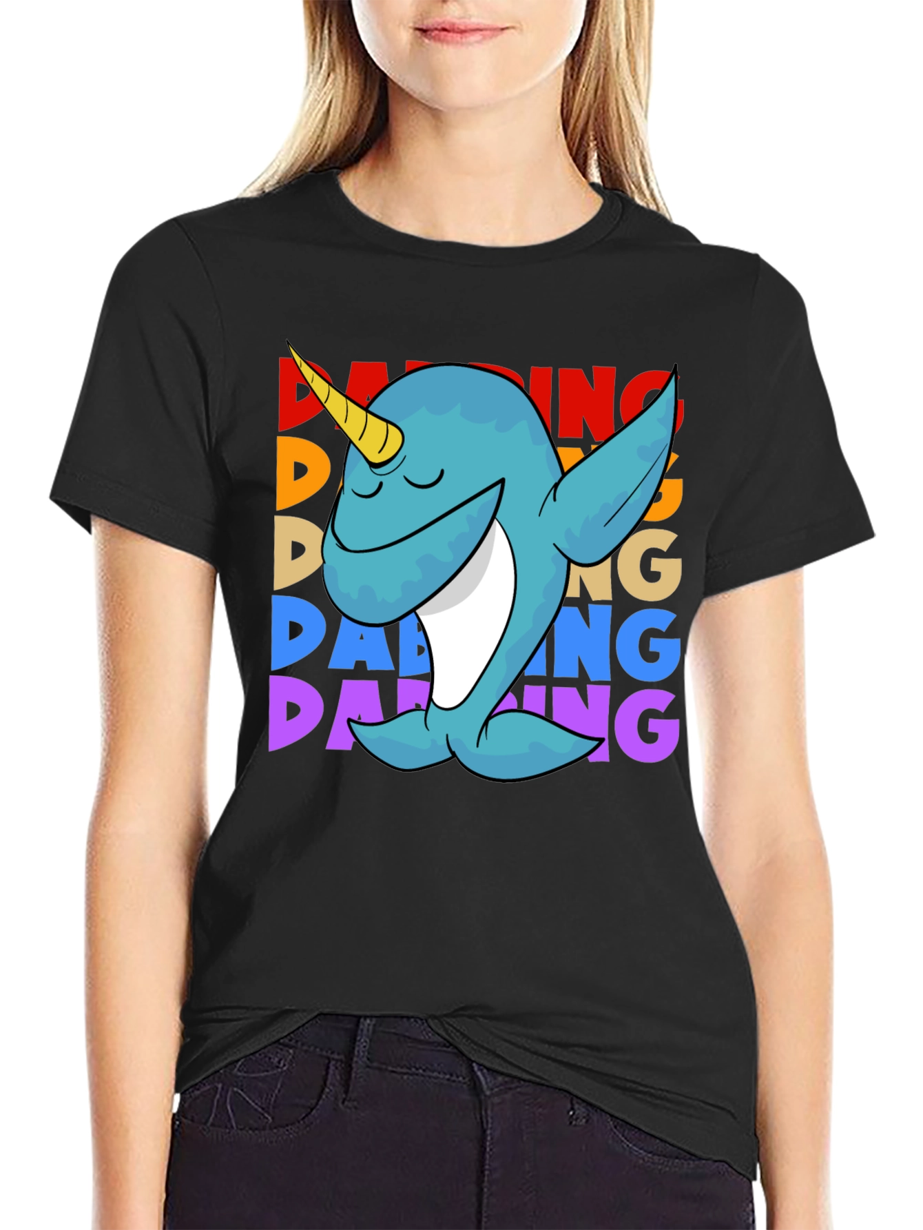 Black Dabbing Narwhal T-Shirt - Cute & Funny Design view 2