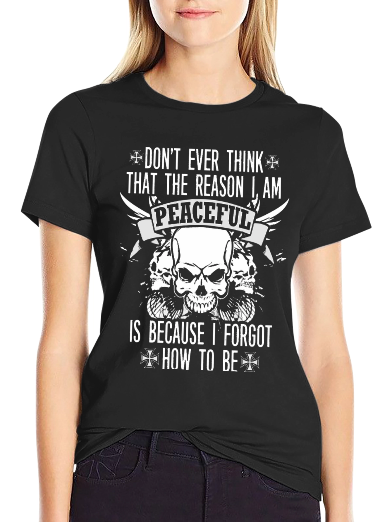 Black Edgy Graphic T-Shirt: Peaceful Skull Design for Men view 2
