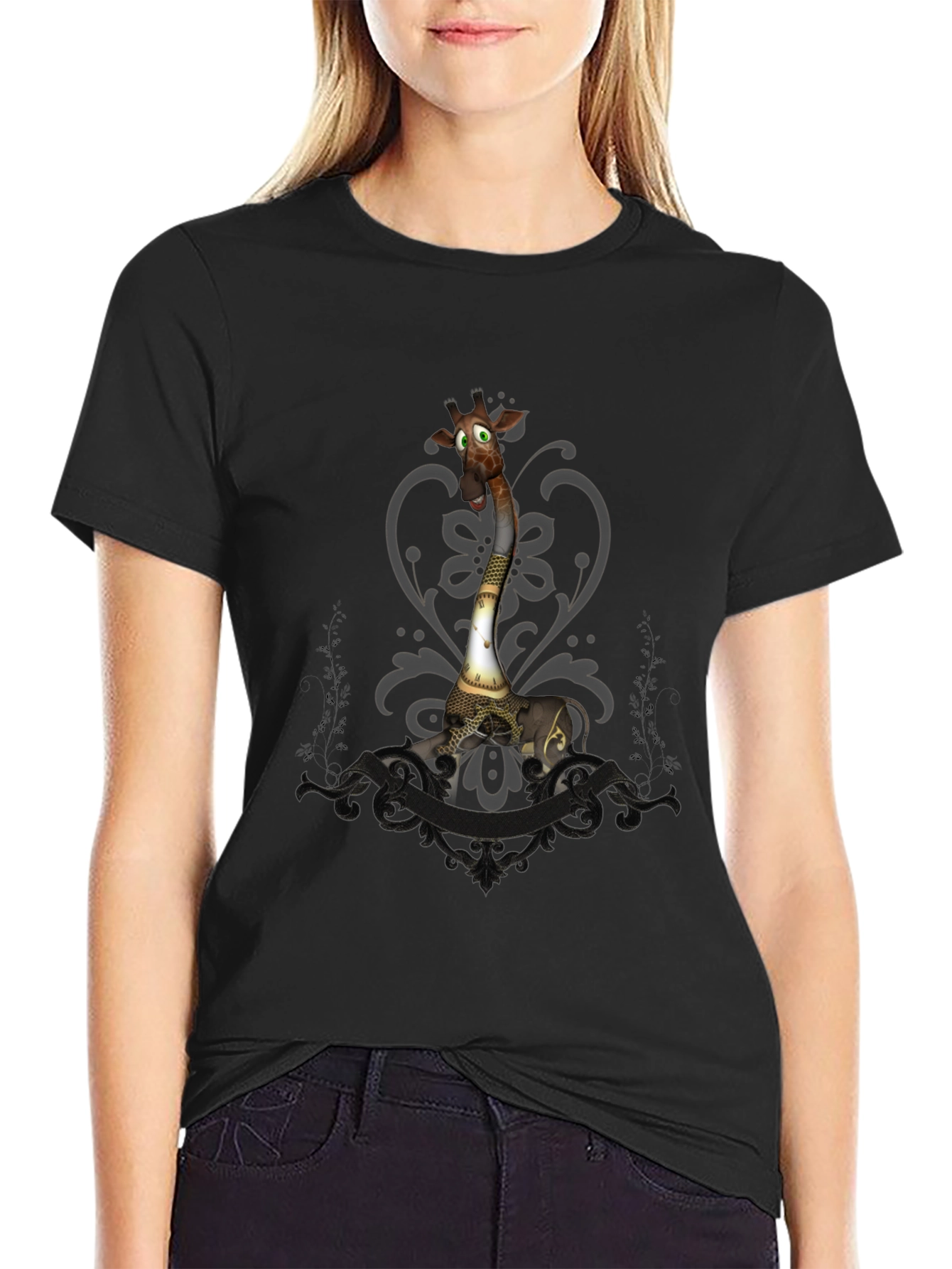 Black Steampunk Giraffe Graphic Tee - Unique Animal T-Shirt view 2