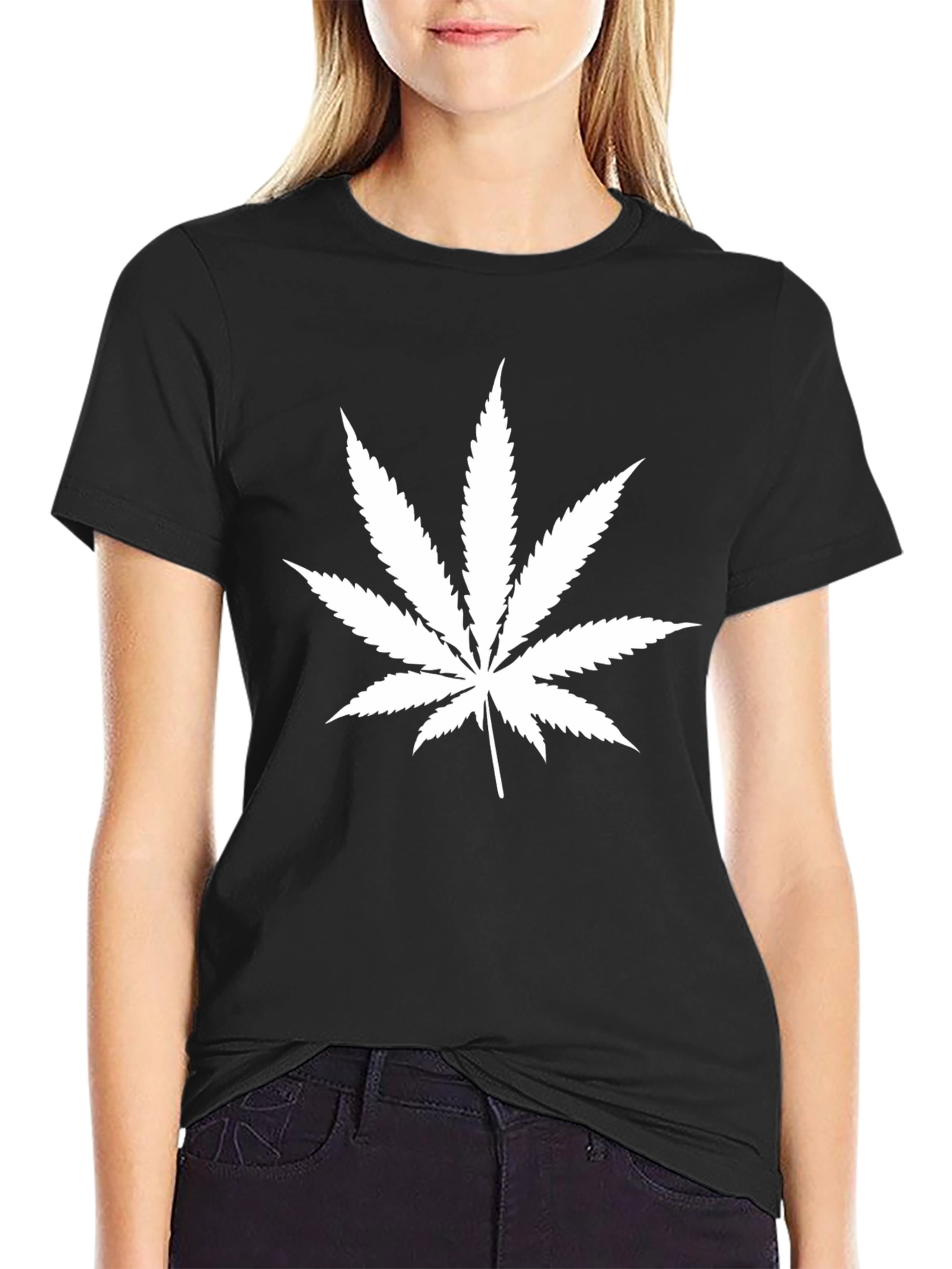 Black Black T-Shirt with White Cannabis Leaf Print view 2