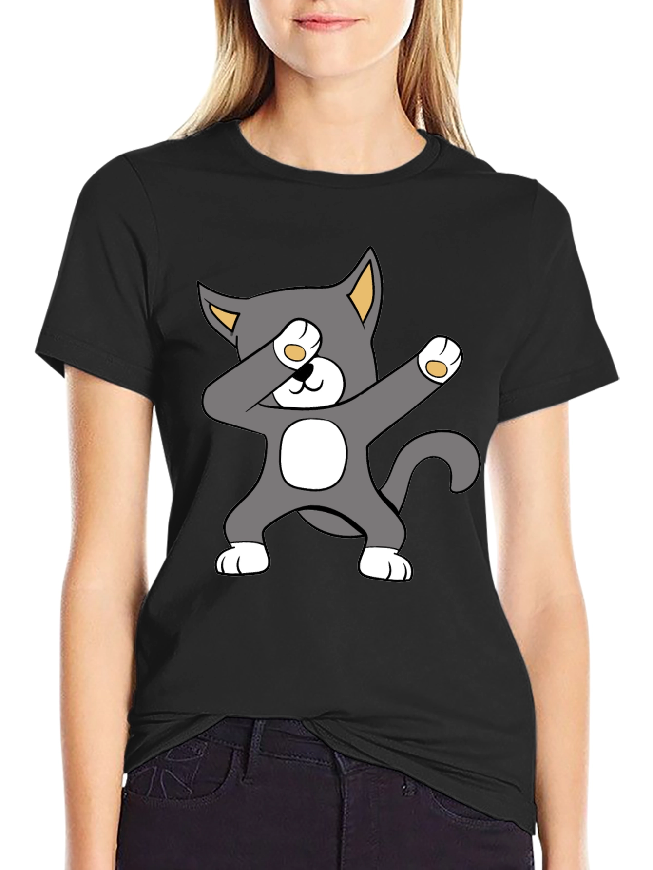 Black Dabbing Cat Graphic Tee - Trendy Style view 2