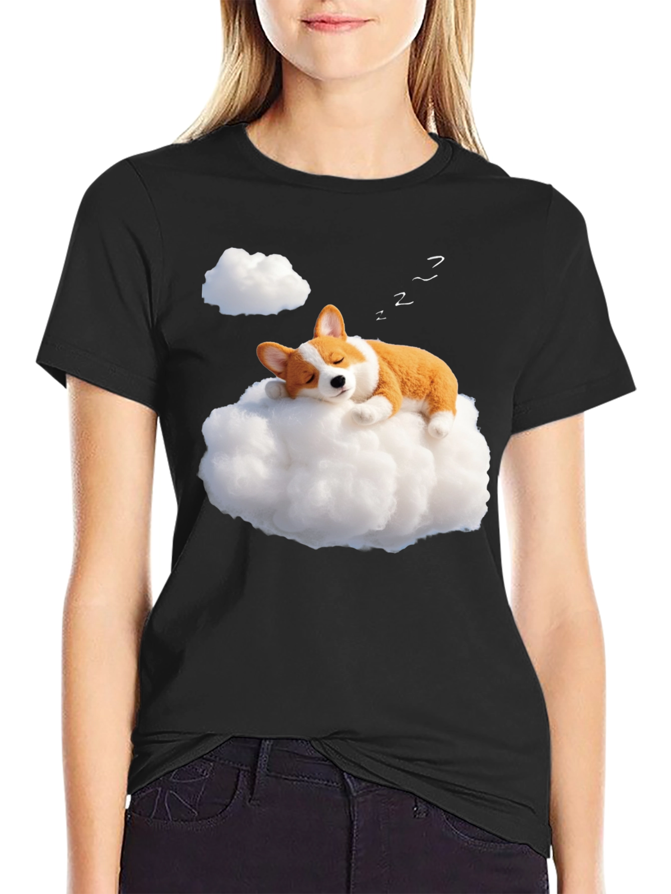 Black Dreamy Corgi Cloud Nap Black T-Shirt view 2