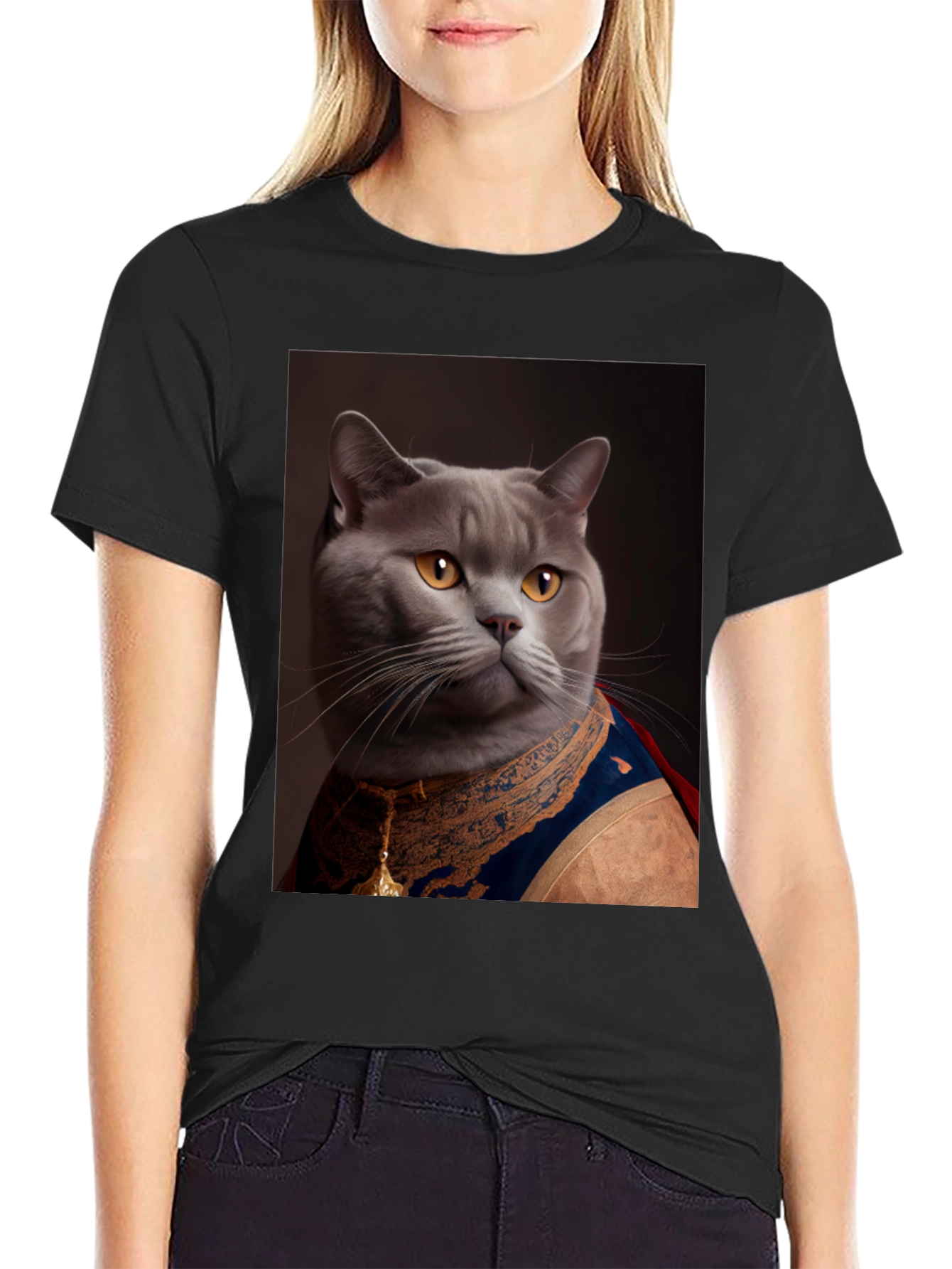 Black Regal Cat T-Shirt - Funny Pet Portrait Tee view 2