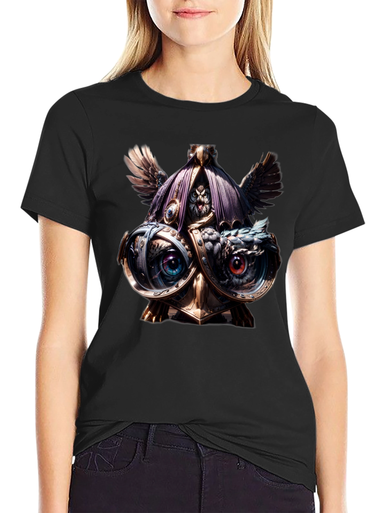 Black Steampunk Owl T-Shirt - Unique Art Tee view 2