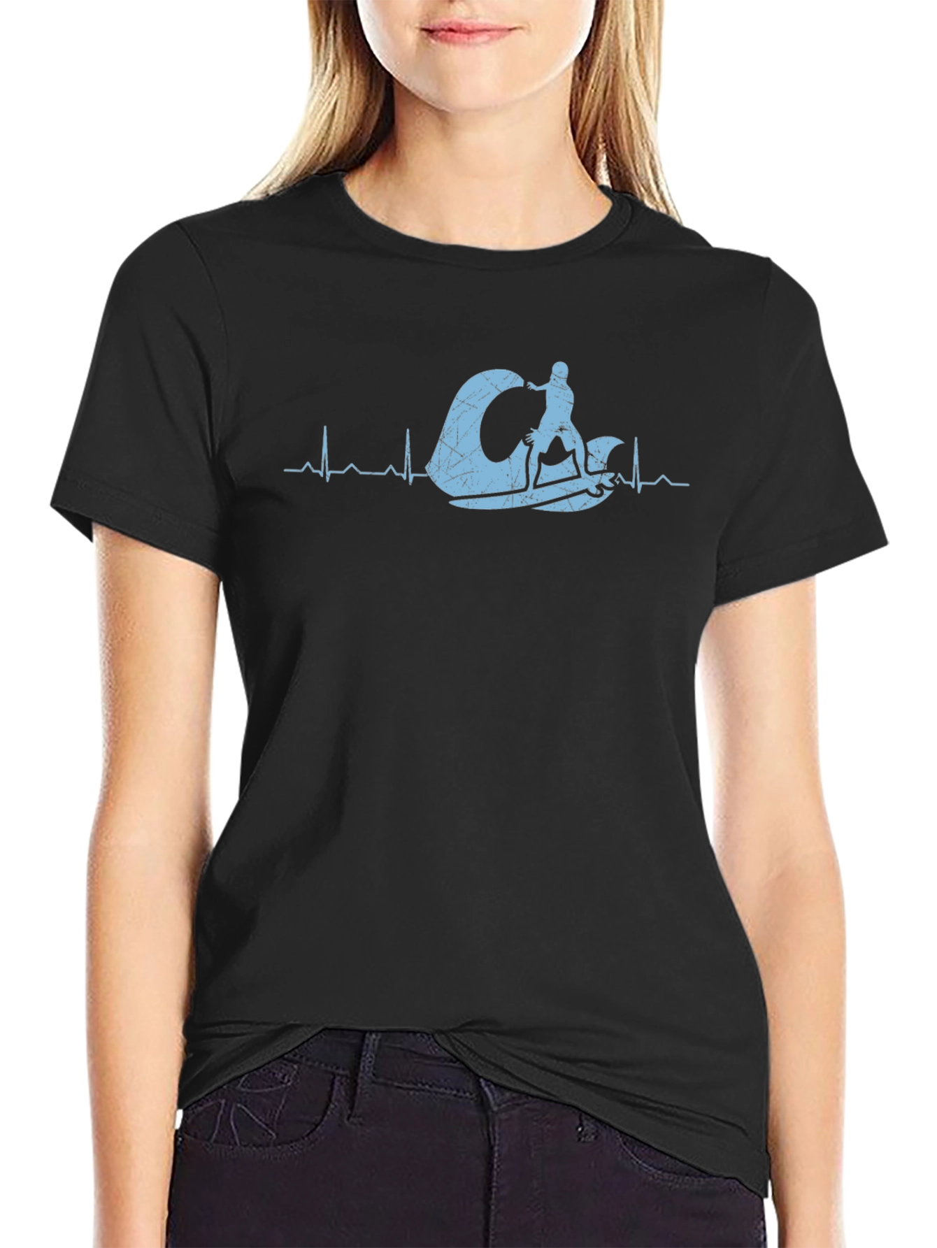 Black Kitesurfing Heartbeat T-Shirt - Black Cotton Tee view 2