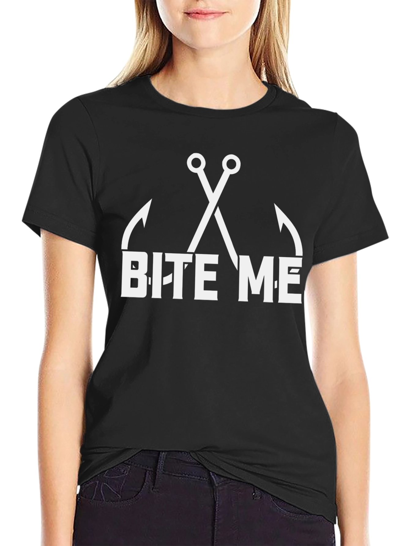 Black Bite Me Fishing Hook T-Shirt - Funny Angler Tee view 2