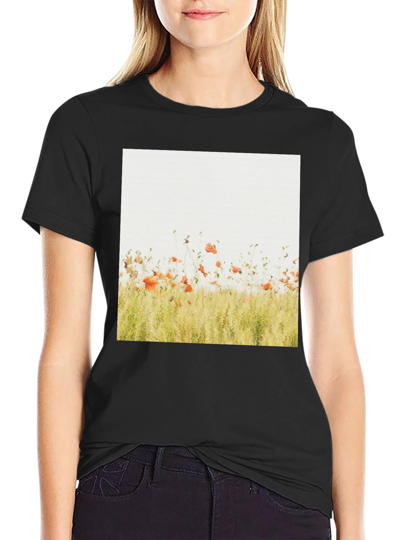 Black Floral Field Graphic Print Black T-Shirt view 2