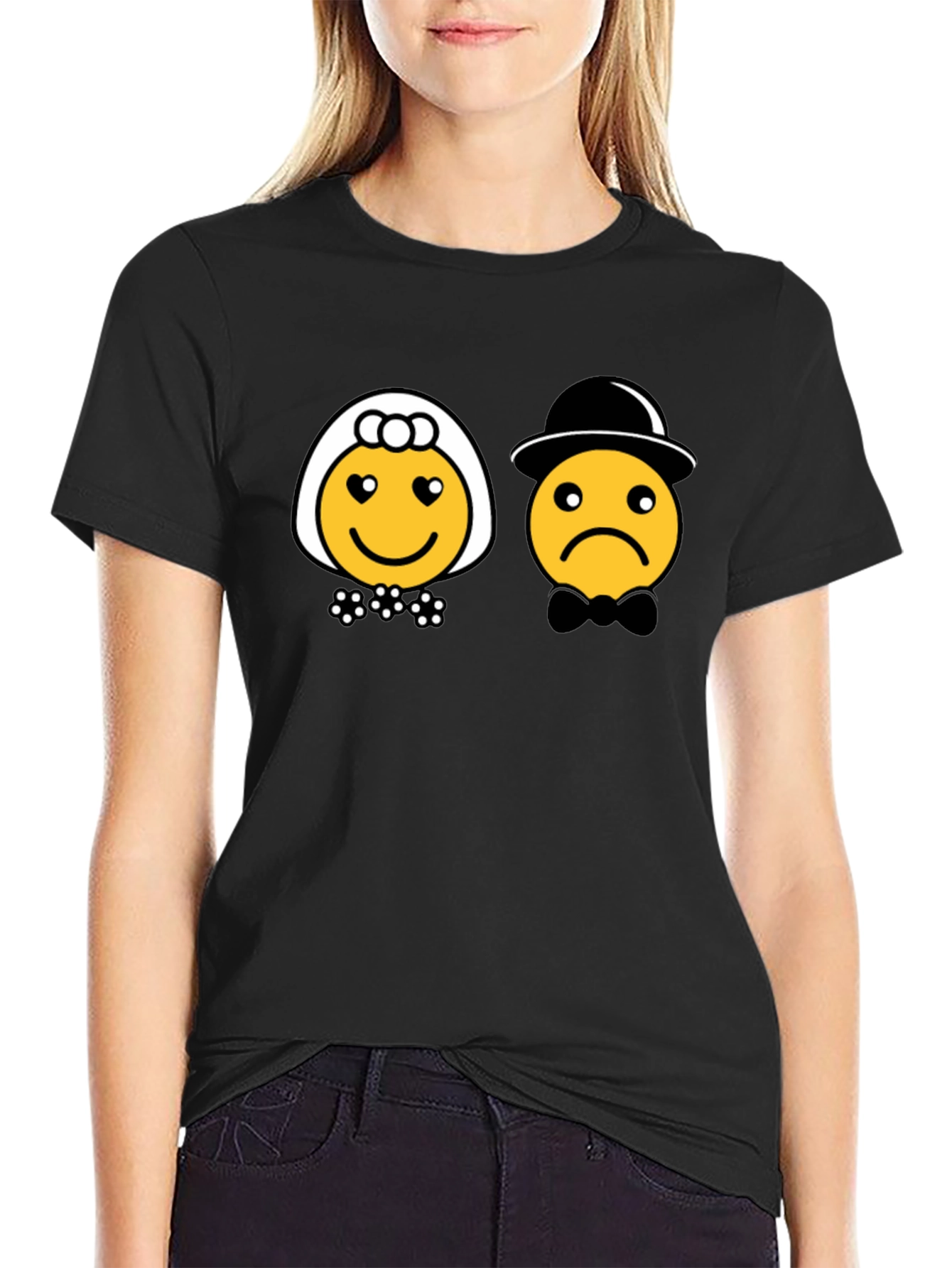 Black Bride & Groom Emoji Black T-Shirt - Funny Wedding Tee view 2