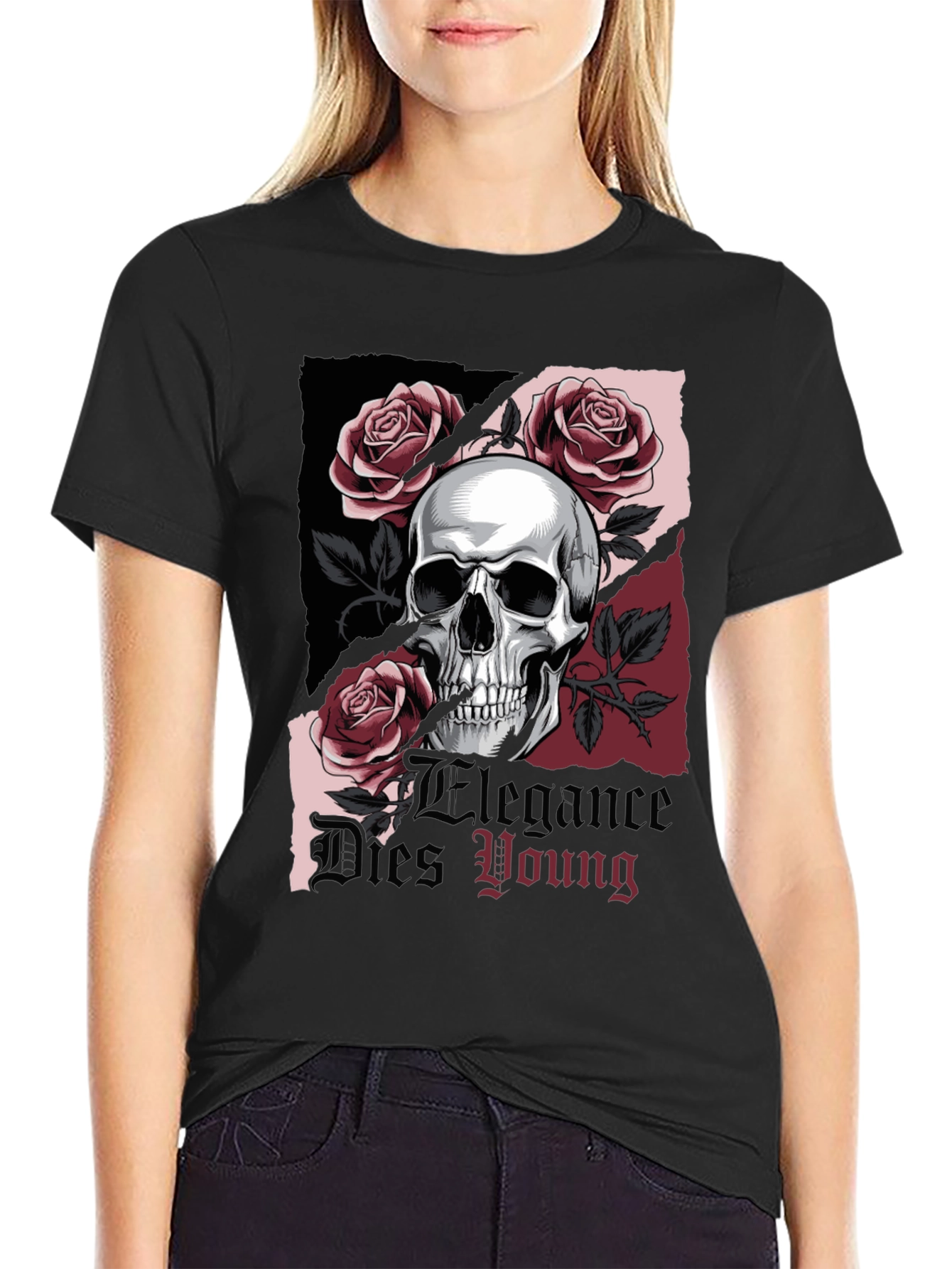 Black Skull & Roses Graphic Tee - Elegance Dies Young view 2