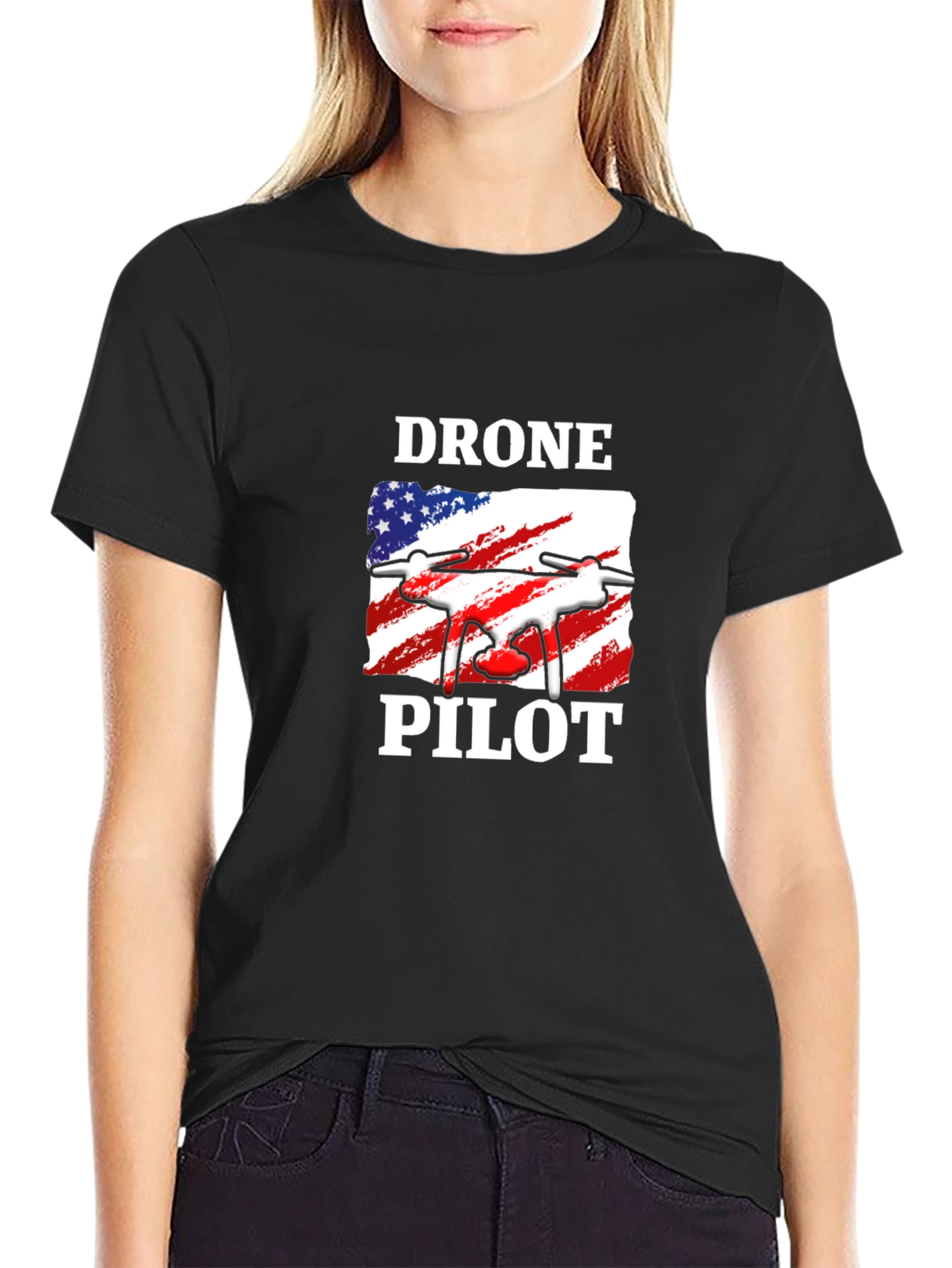 Black Drone Pilot T-Shirt - American Flag Design view 2
