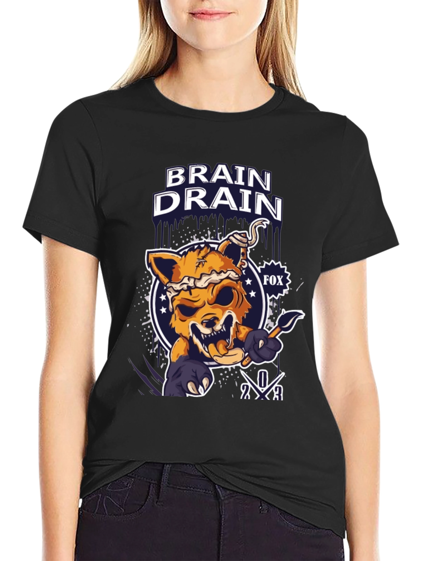 Black Brain Drain Fox Graphic T-Shirt view 2